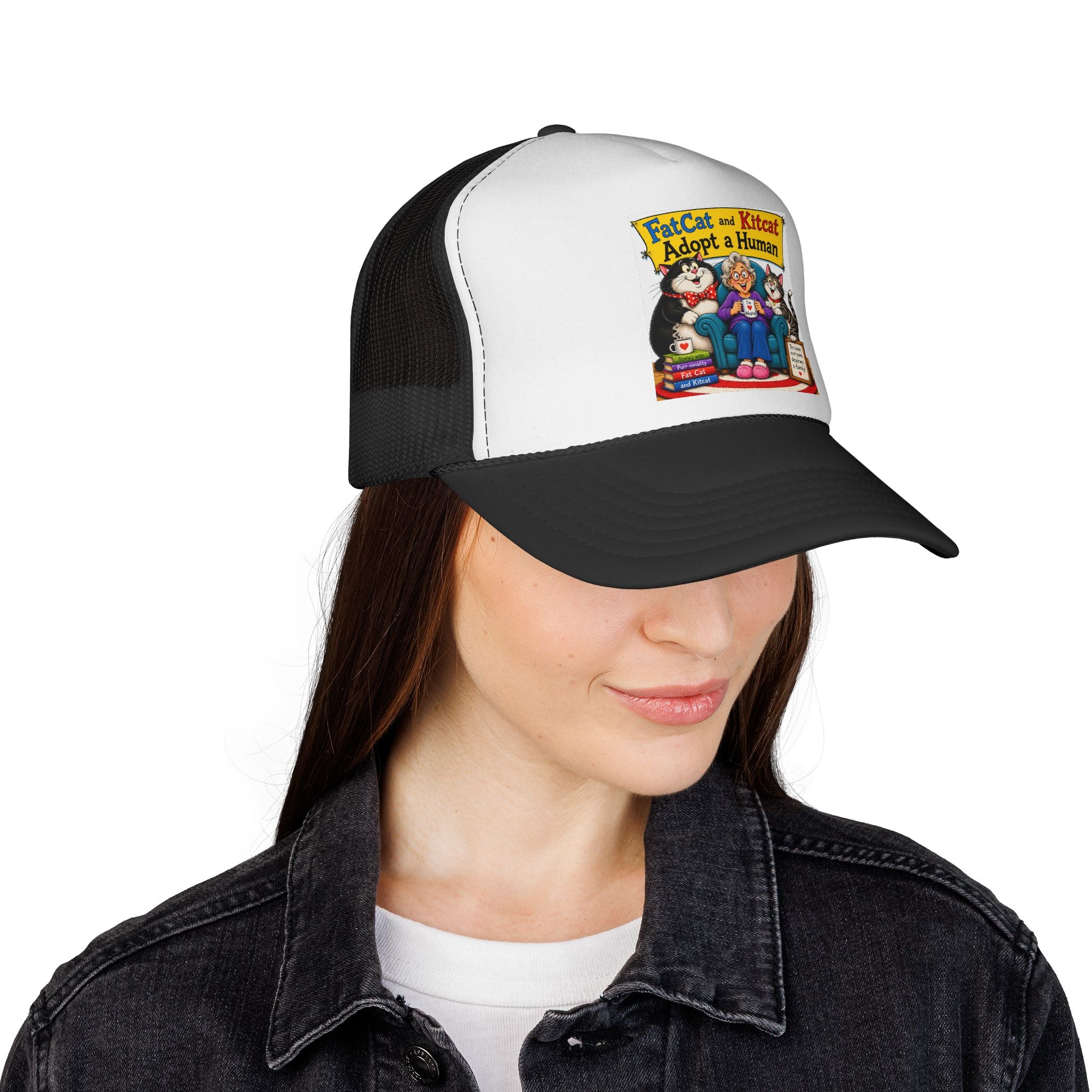 Trucker Hat — "Fat Cat and Kitcat Adopt a Human" Cute Rescue Pet Graphic