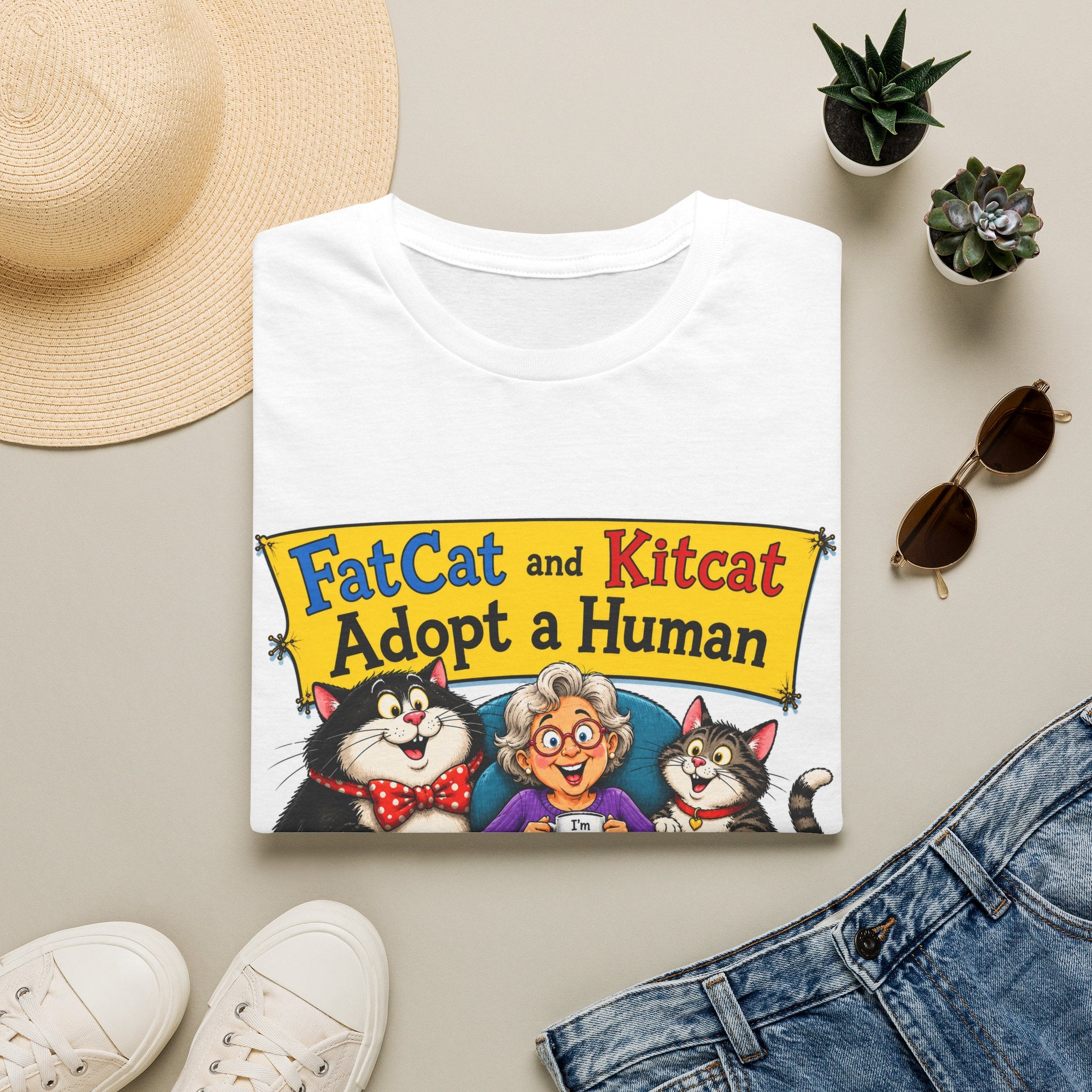 T-Shirt — "FatCat and Kitcat Adopt a Human" Cute Retro Cat Book Design