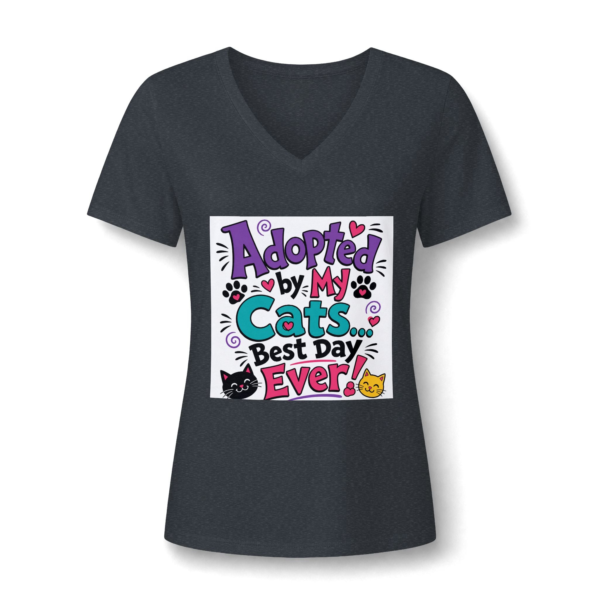 Adopted by My Cats V-Neck Tee — "Best Day Ever" Cat Mom Shirt