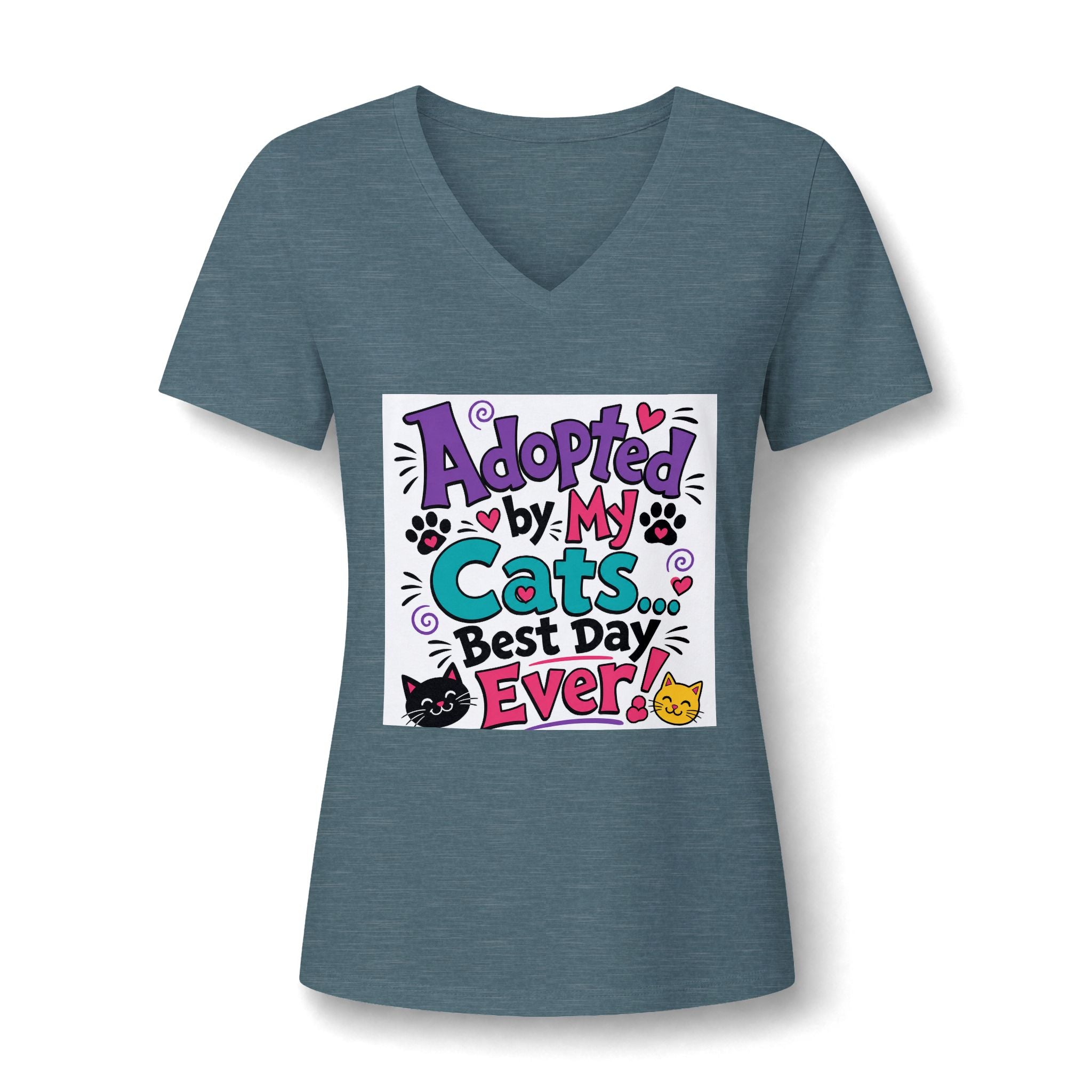 Adopted by My Cats V-Neck Tee — "Best Day Ever" Cat Mom Shirt