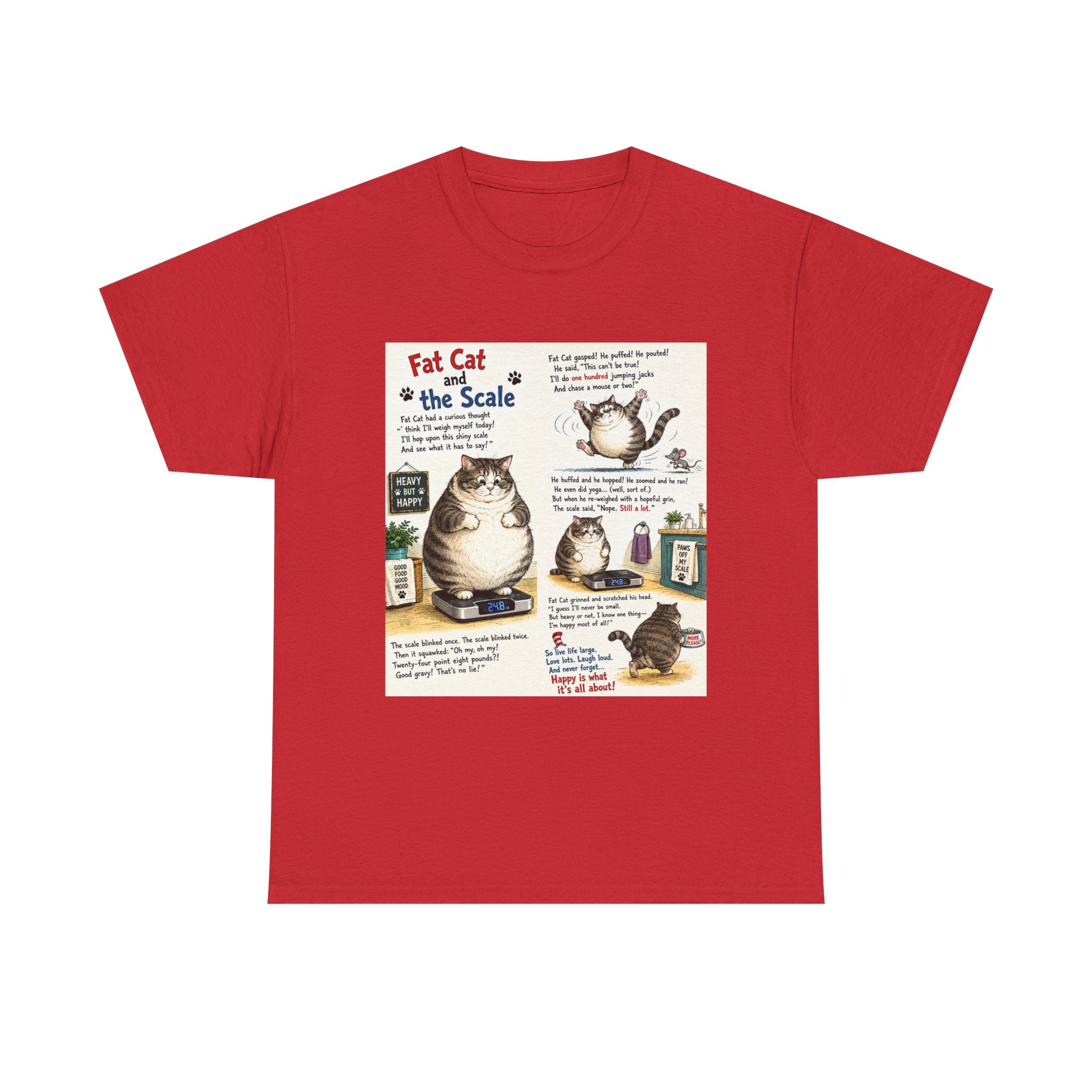 Cat Humor T-Shirt — "Fat Cat on the Scale" Illustrated Graphic Tee