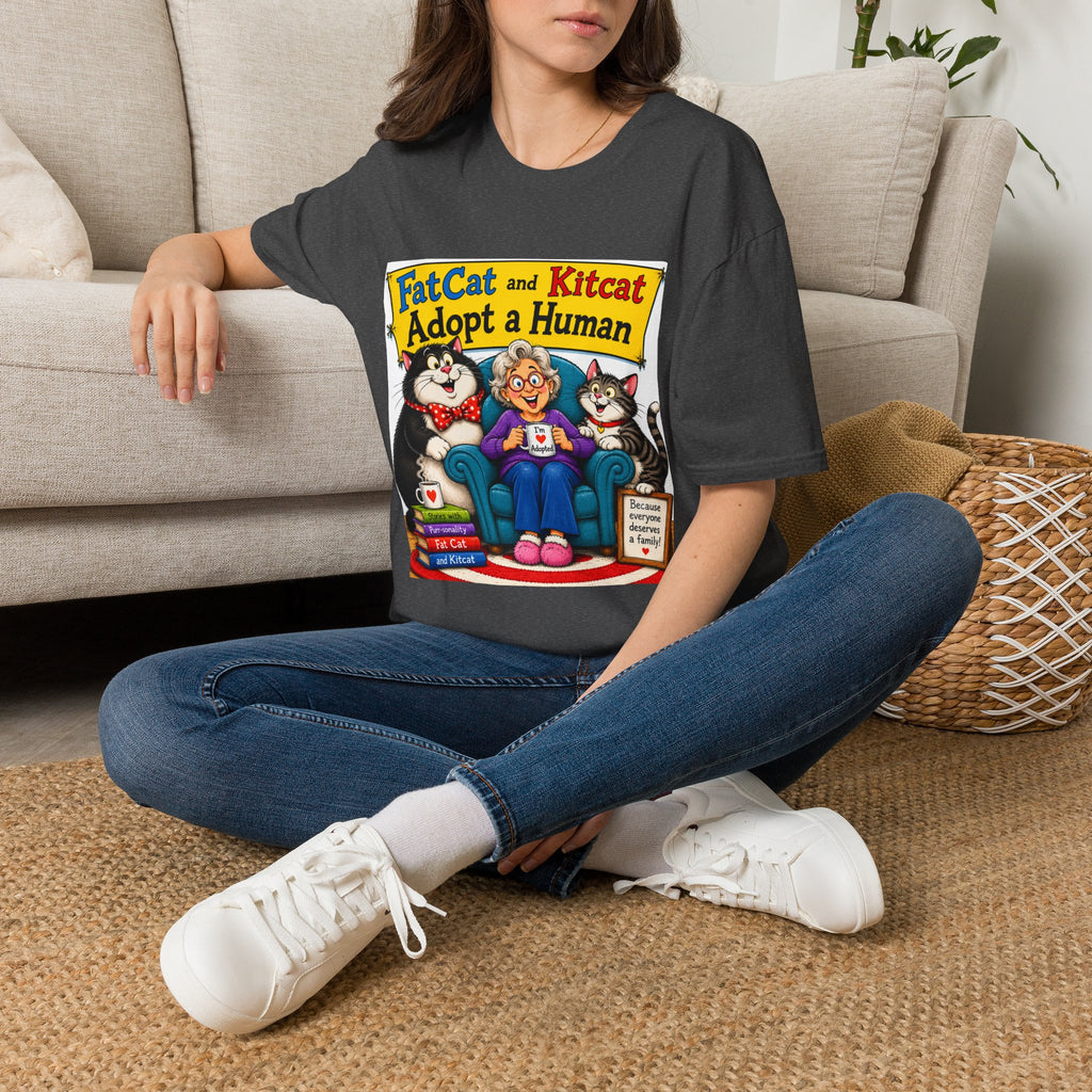 T-Shirt — "FatCat and Kitcat Adopt a Human" Cute Retro Cat Book Design