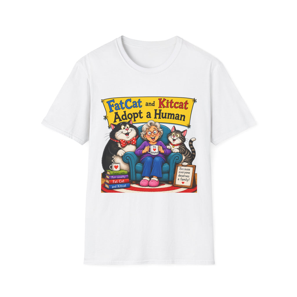 T-Shirt — "FatCat and Kitcat Adopt a Human" Cute Retro Cat Book Design