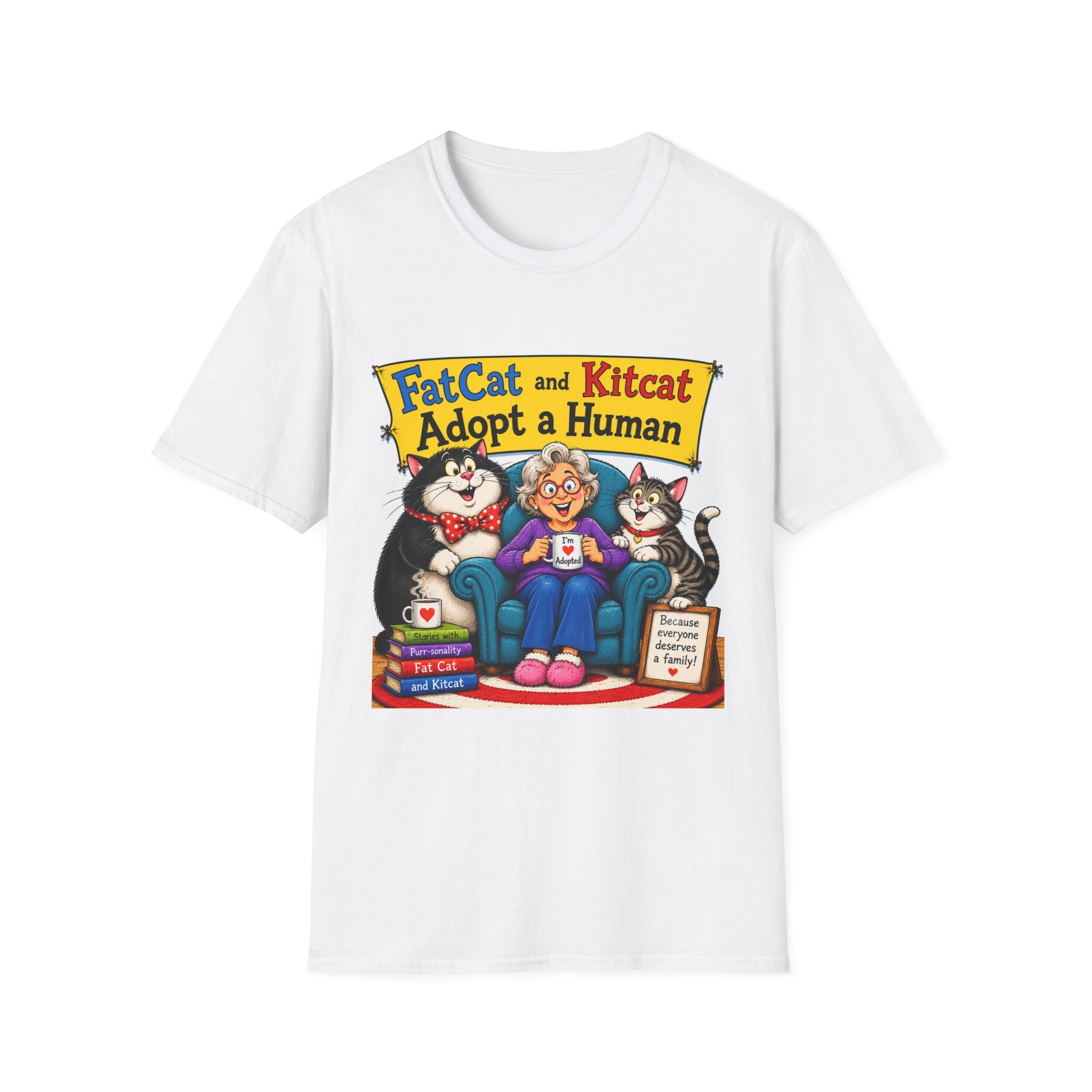 T-Shirt — "FatCat and Kitcat Adopt a Human" Cute Retro Cat Book Design
