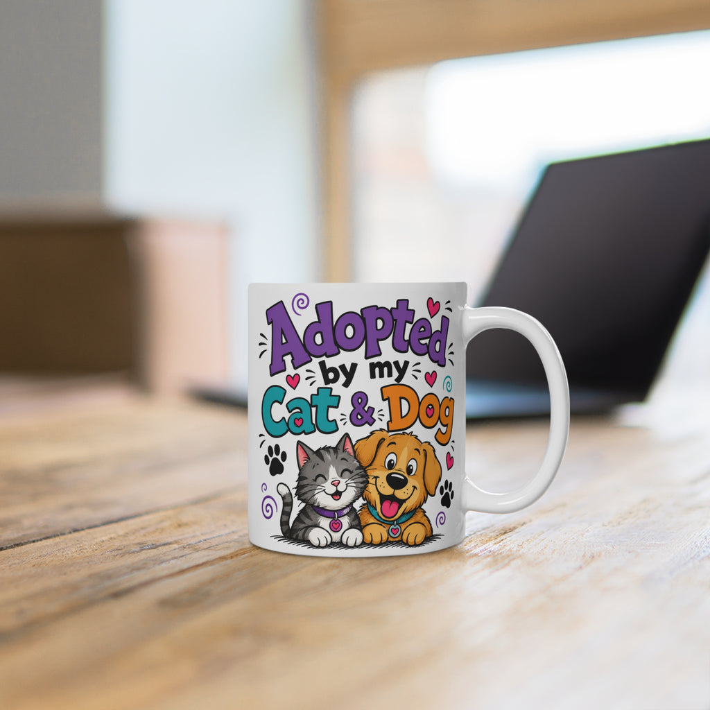 Adopted By My Cat & Dog Ceramic Mug — Cute Pet Lover Coffee Cup