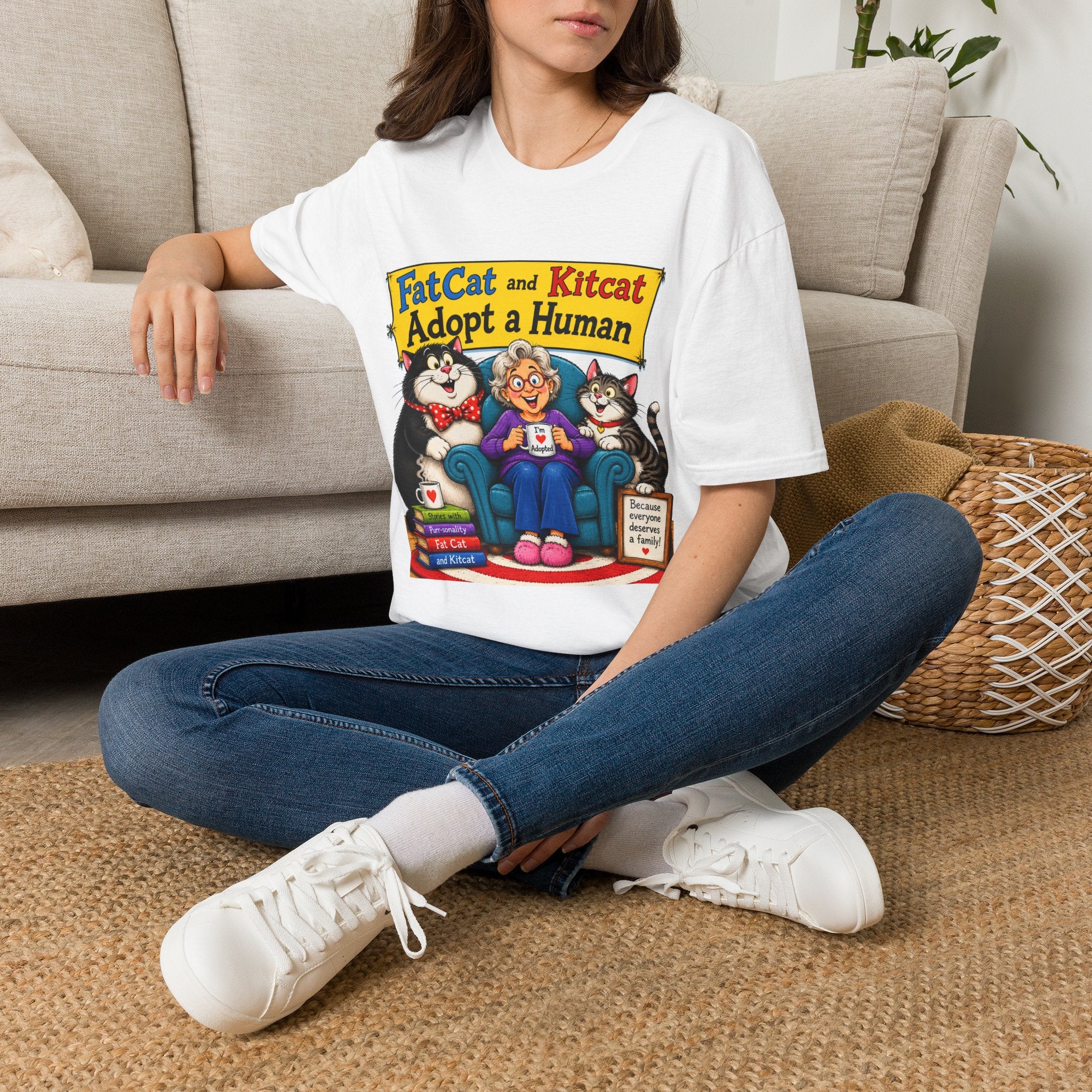 T-Shirt — "FatCat and Kitcat Adopt a Human" Cute Retro Cat Book Design