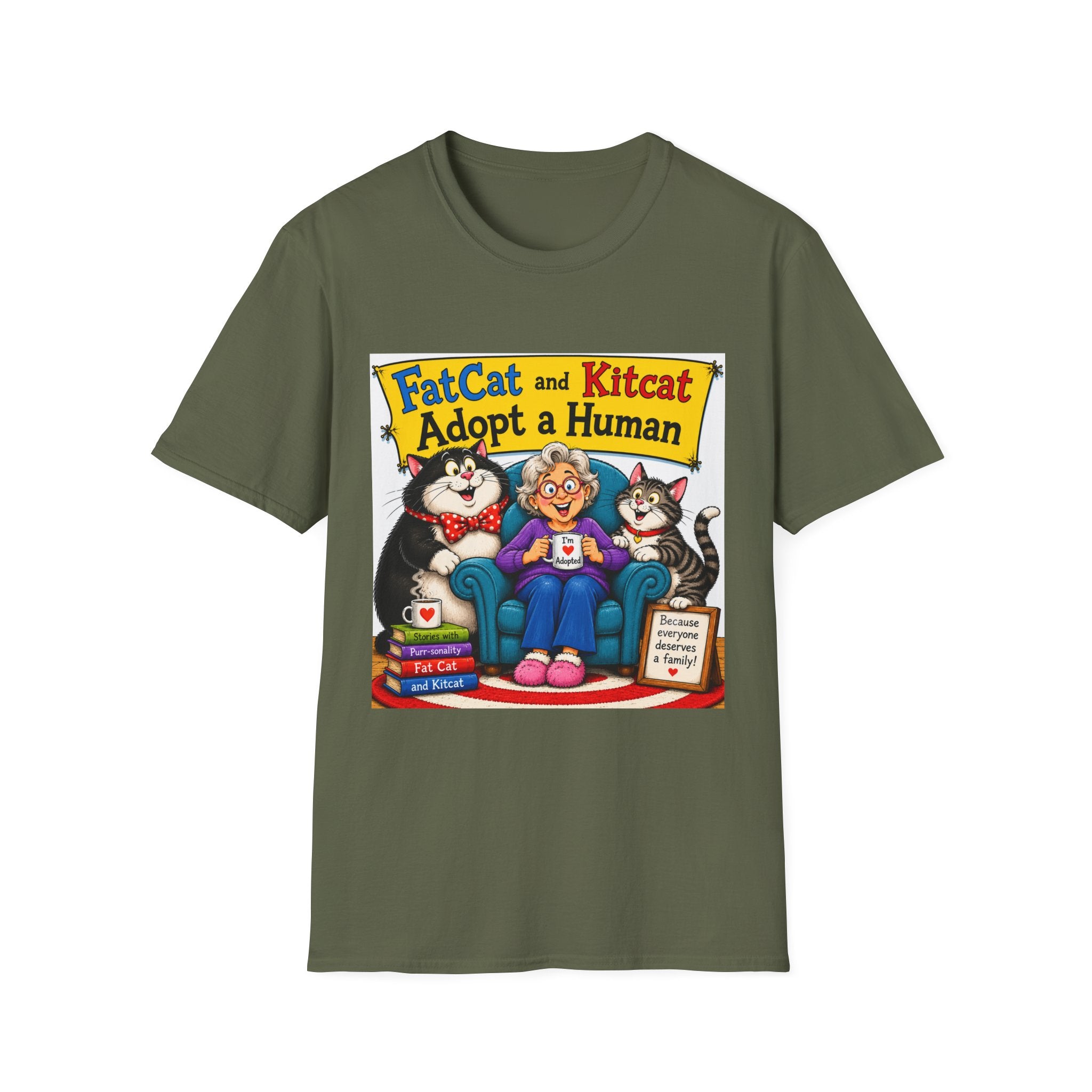 T-Shirt — "FatCat and Kitcat Adopt a Human" Cute Retro Cat Book Design