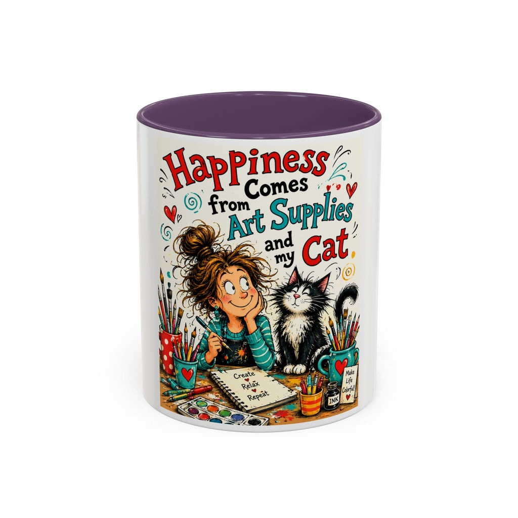 Art Supplies & My Cat Coffee Mug — "Happiness Comes From Art Supplies and My Cat" Accent Mug