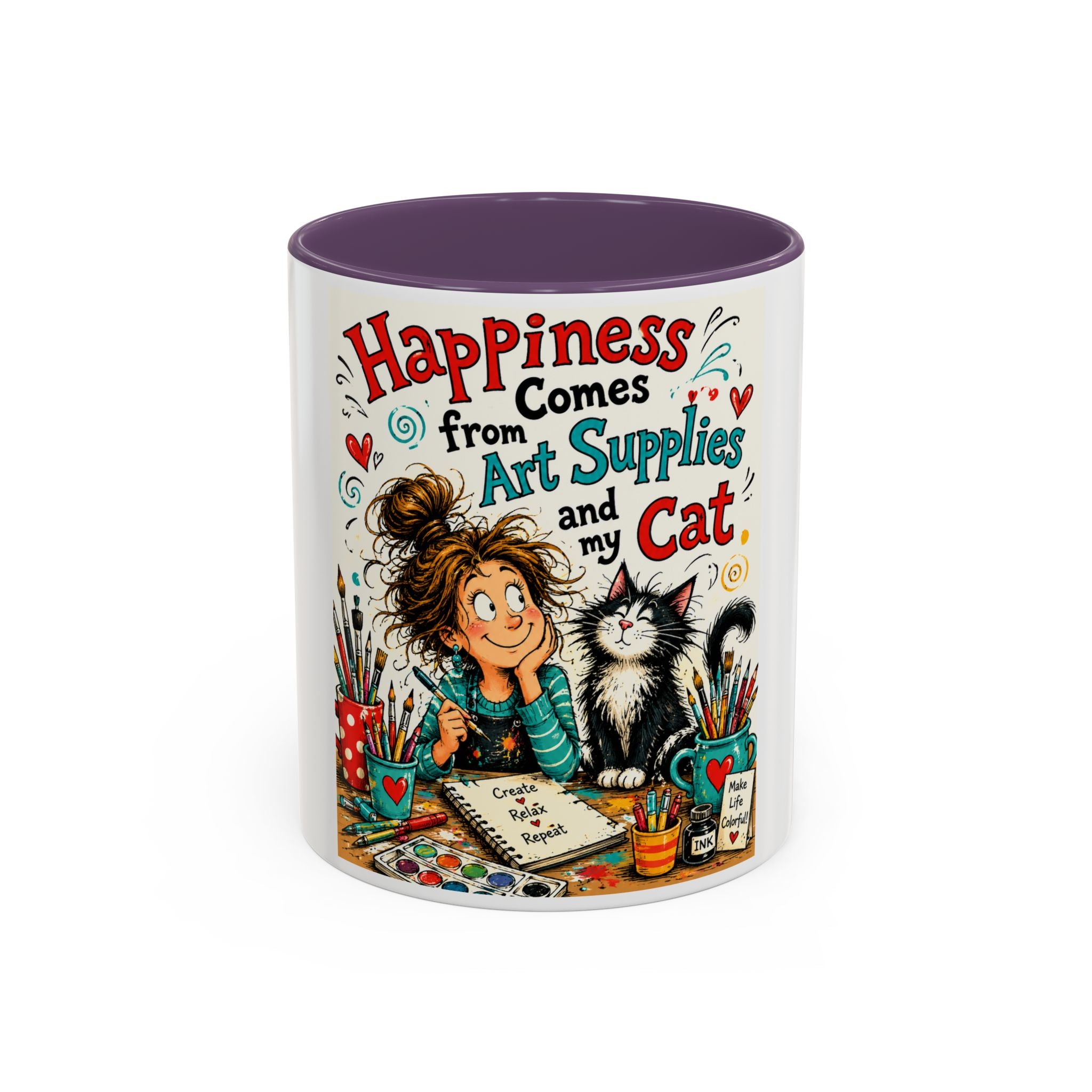 Art Supplies & My Cat Coffee Mug — "Happiness Comes From Art Supplies and My Cat" Accent Mug