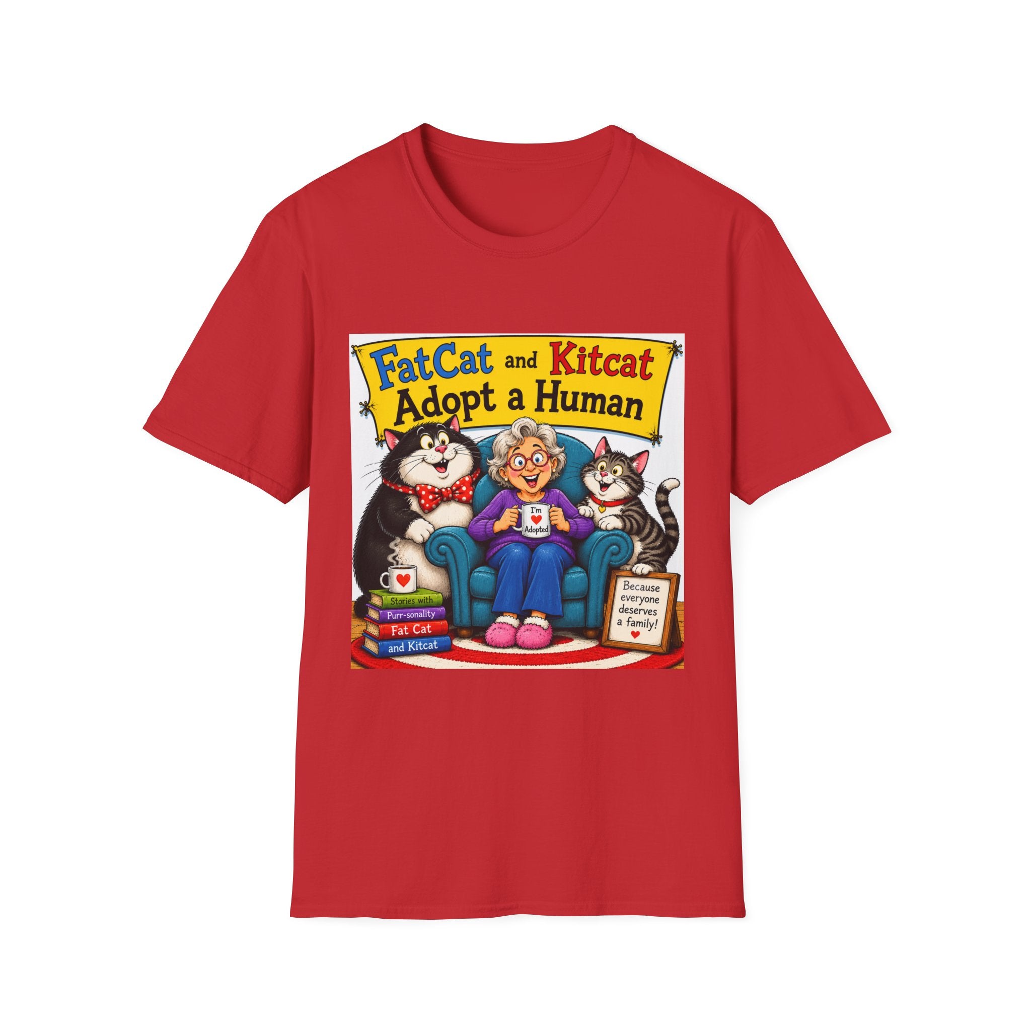 T-Shirt — "FatCat and Kitcat Adopt a Human" Cute Retro Cat Book Design