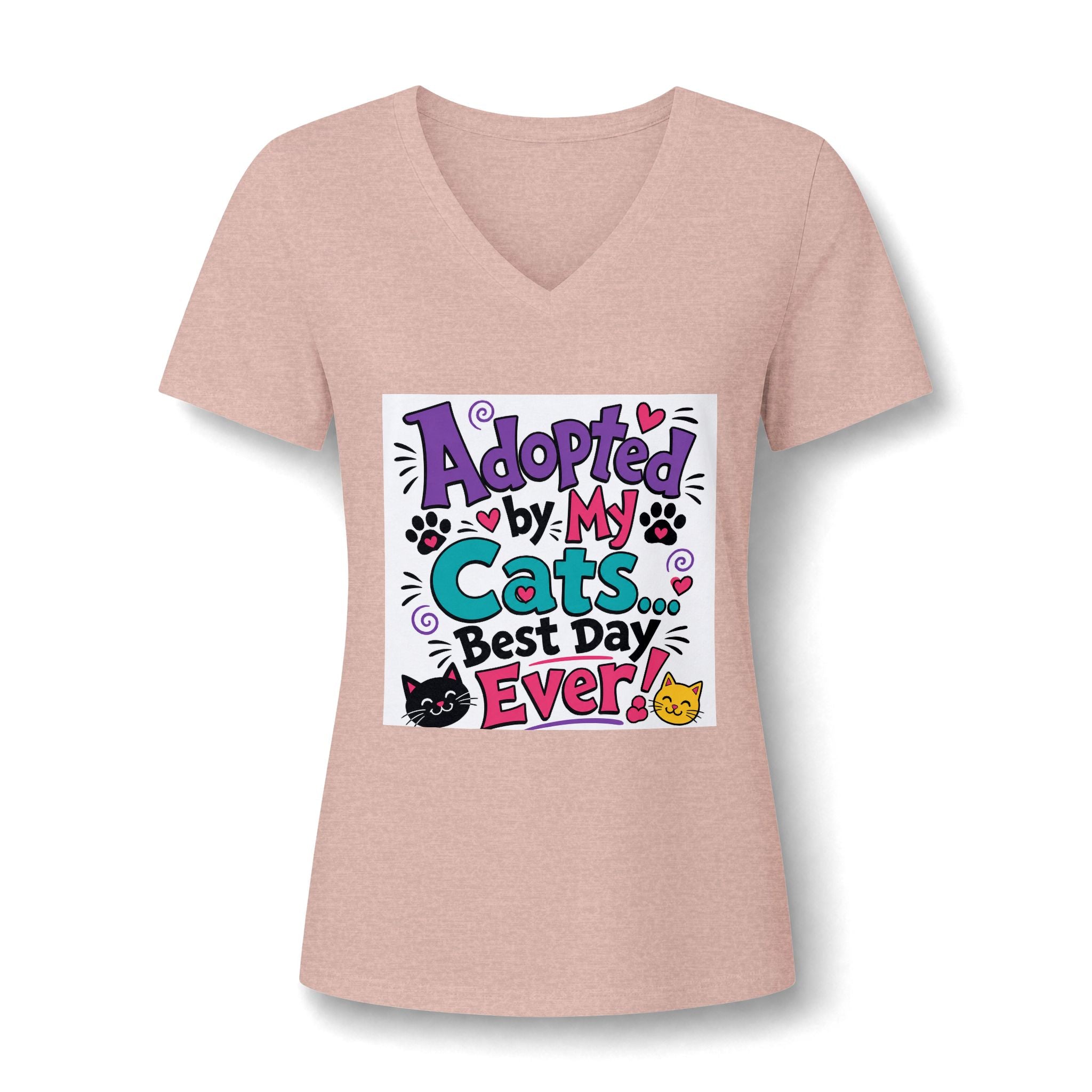Adopted by My Cats V-Neck Tee — "Best Day Ever" Cat Mom Shirt