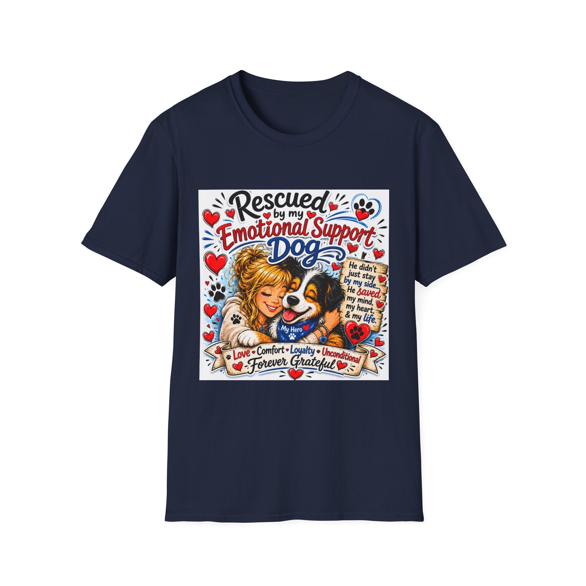 Emotional Support Dog T-Shirt — "Rescued by My Emotional Support Dog" Graphic Tee