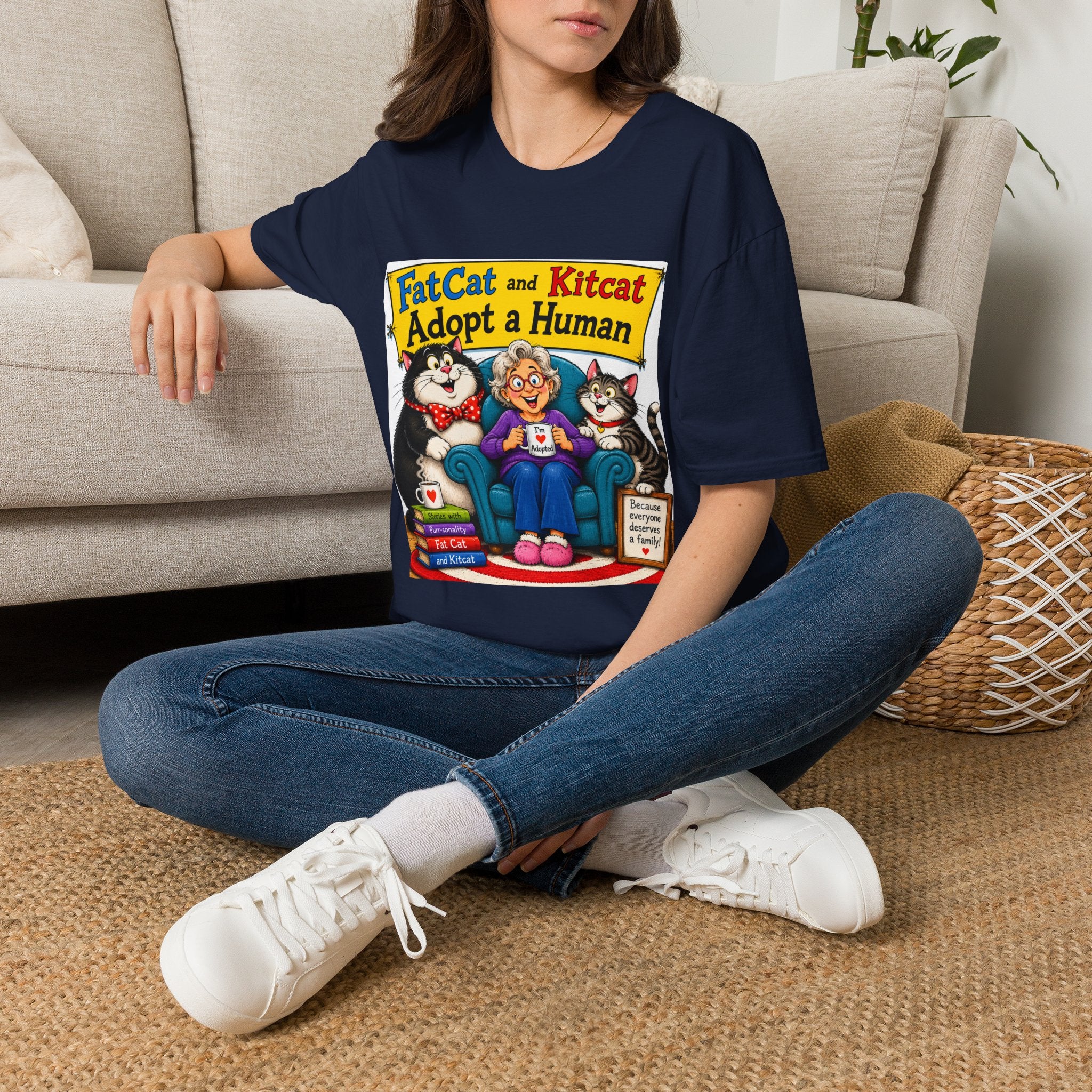 T-Shirt — "FatCat and Kitcat Adopt a Human" Cute Retro Cat Book Design