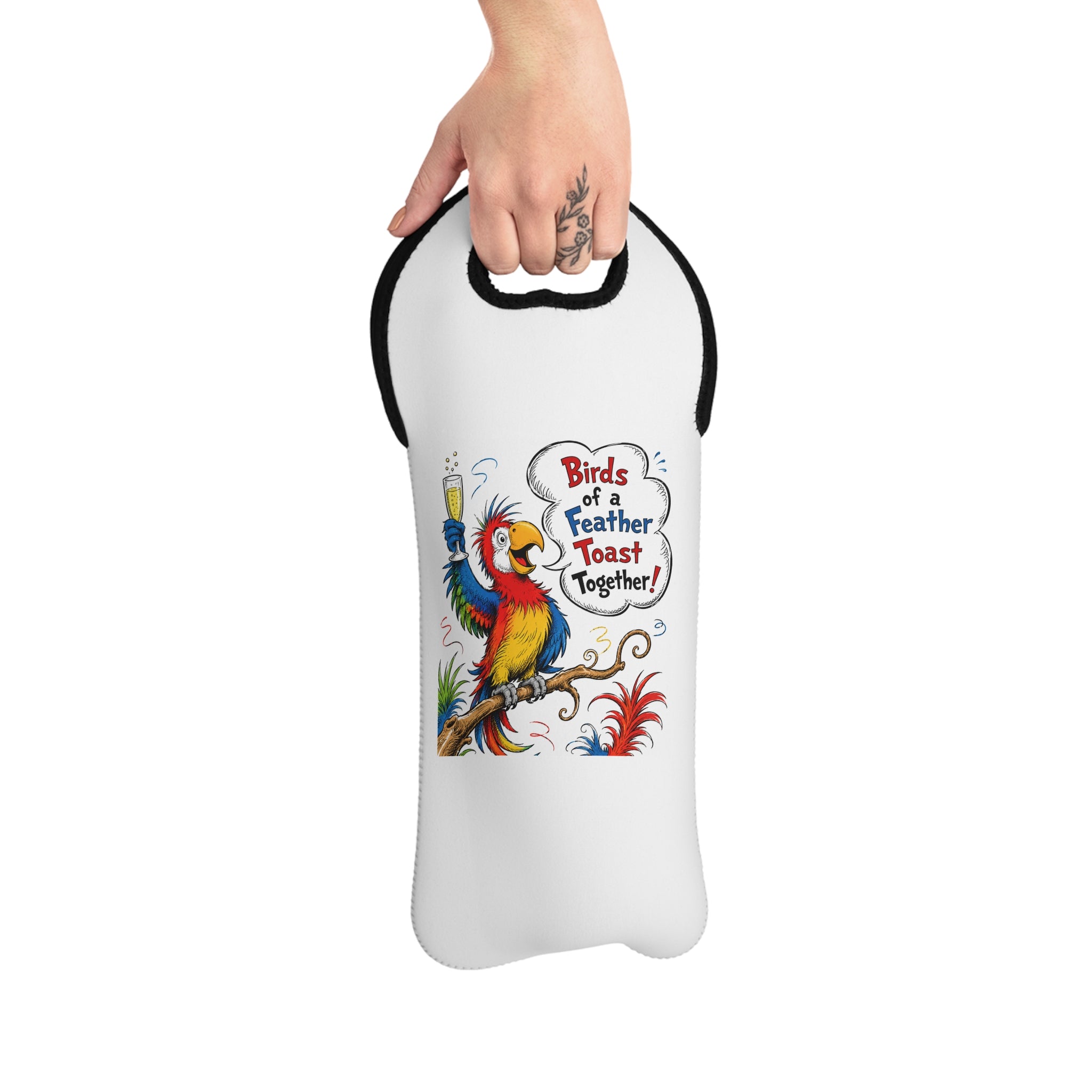 Wine Tote Bag - "Birds of a Feather Toast Together" Parrot Wine Carrier