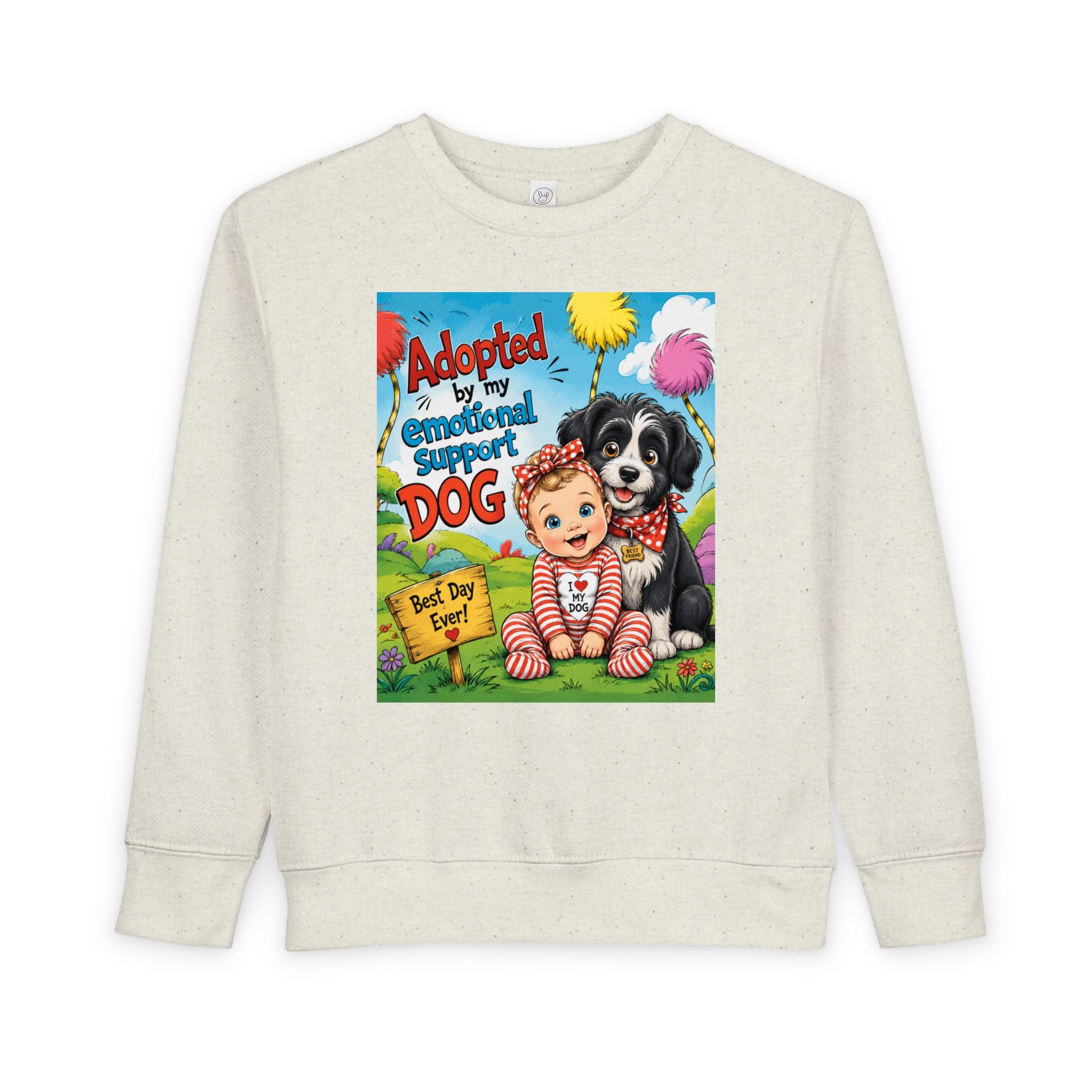Toddler Sweatshirt — "Adopted by My Emotional Support Dog" Cute Baby & Pup Graphic