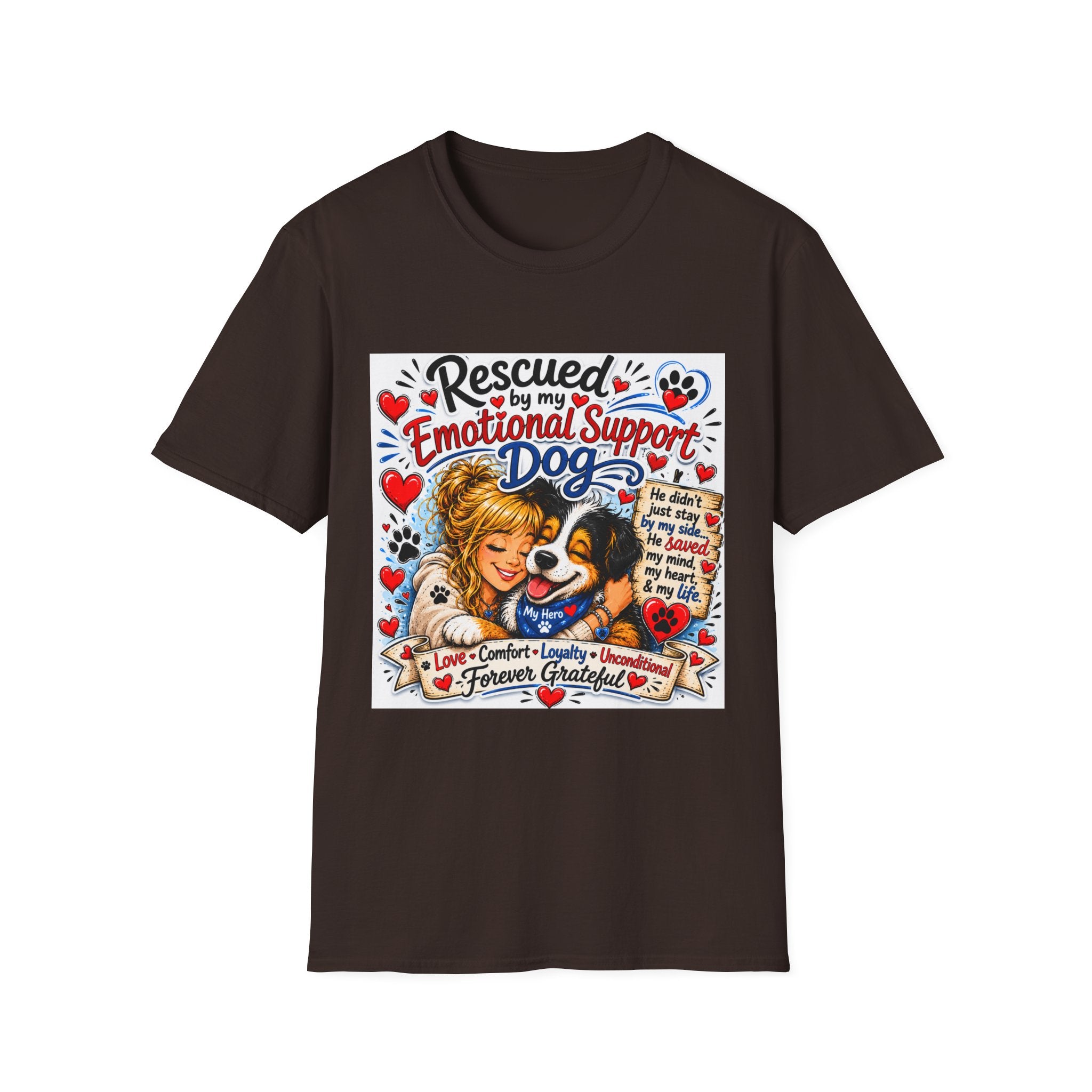 Emotional Support Dog T-Shirt — "Rescued by My Emotional Support Dog" Graphic Tee