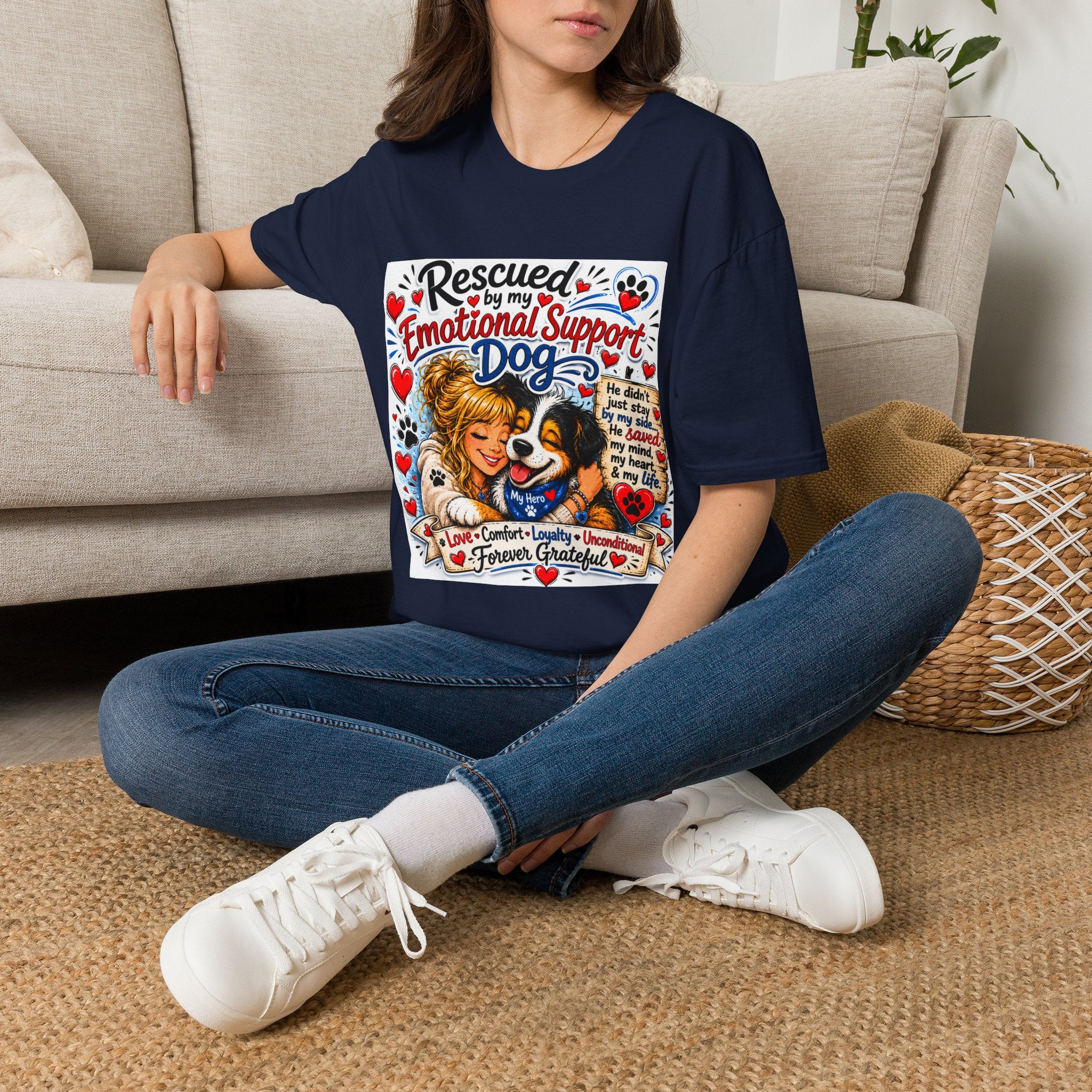 Emotional Support Dog T-Shirt — "Rescued by My Emotional Support Dog" Graphic Tee