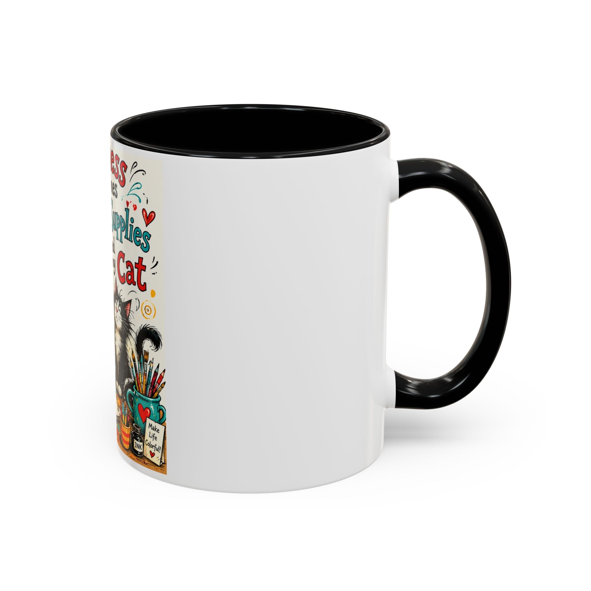 Art Supplies & My Cat Coffee Mug — "Happiness Comes From Art Supplies and My Cat" Accent Mug