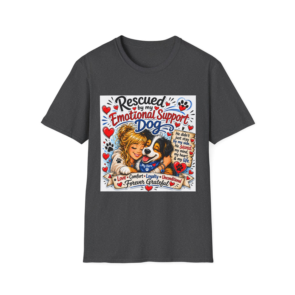Emotional Support Dog T-Shirt — "Rescued by My Emotional Support Dog" Graphic Tee