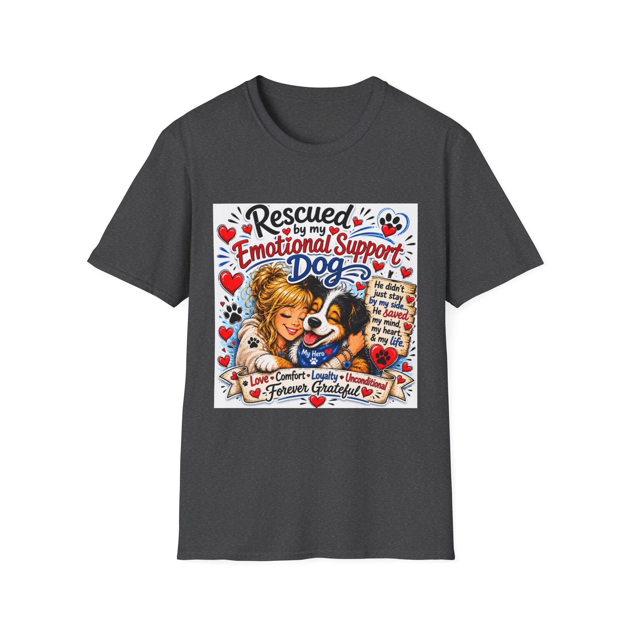 Emotional Support Dog T-Shirt — "Rescued by My Emotional Support Dog" Graphic Tee
