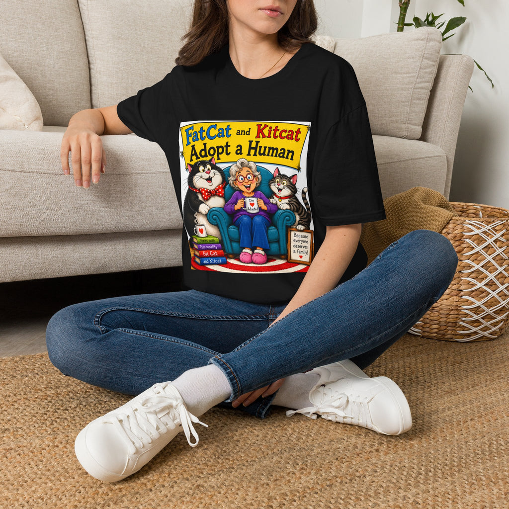 T-Shirt — "FatCat and Kitcat Adopt a Human" Cute Retro Cat Book Design