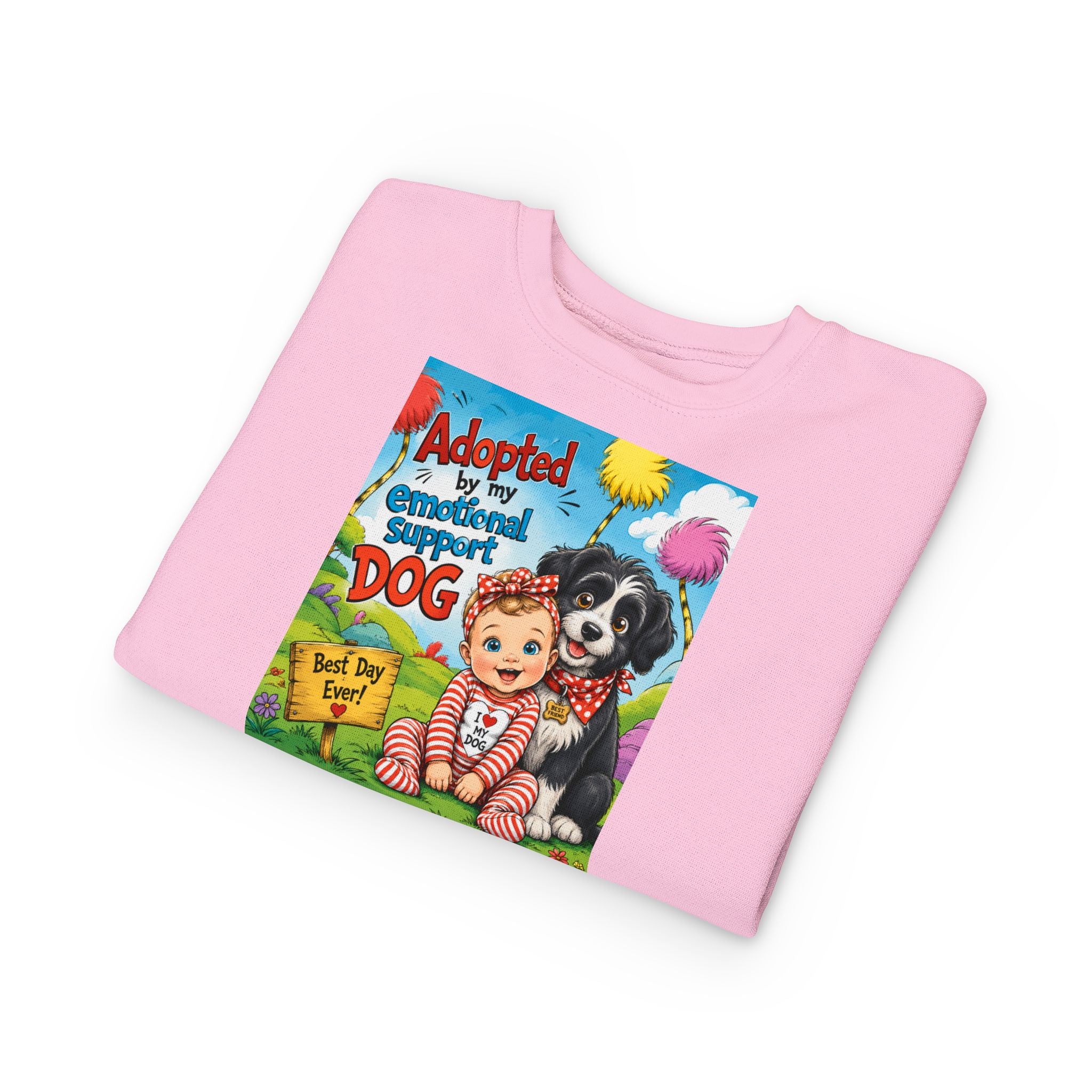 Toddler Sweatshirt — "Adopted by My Emotional Support Dog" Cute Baby & Pup Graphic