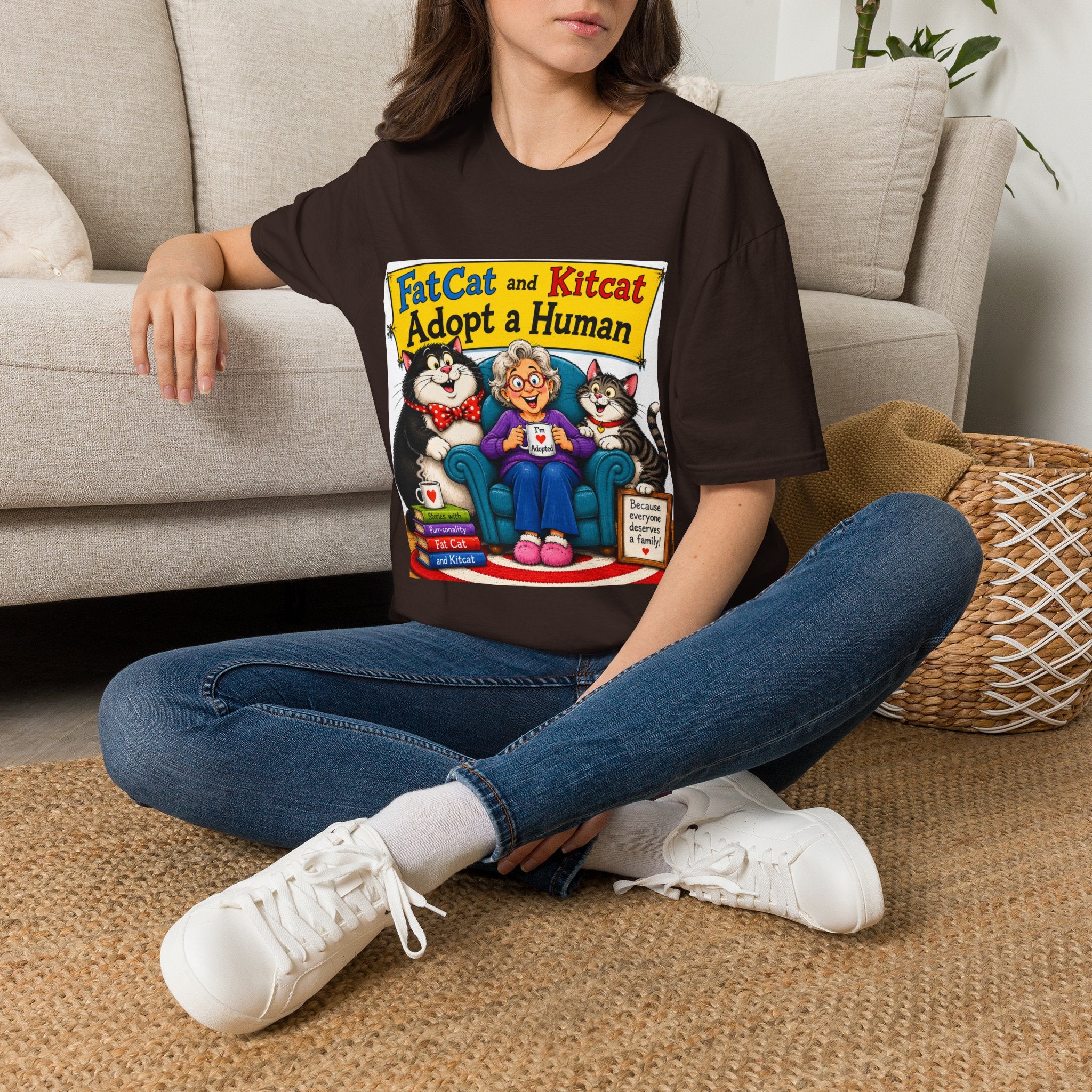 T-Shirt — "FatCat and Kitcat Adopt a Human" Cute Retro Cat Book Design