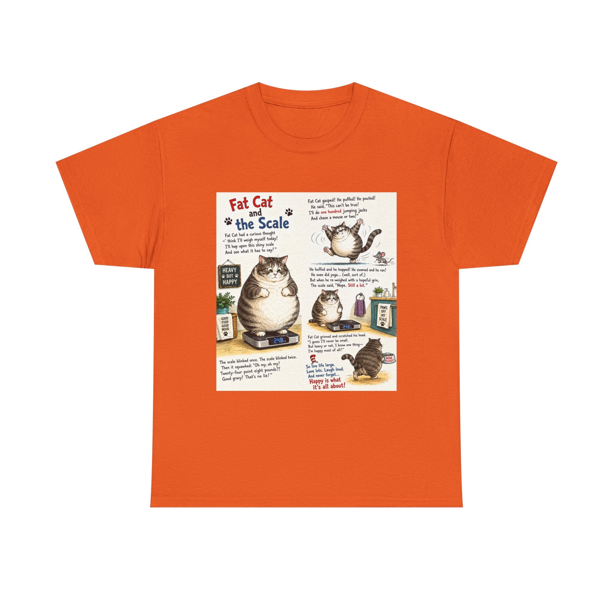 Cat Humor T-Shirt — "Fat Cat on the Scale" Illustrated Graphic Tee