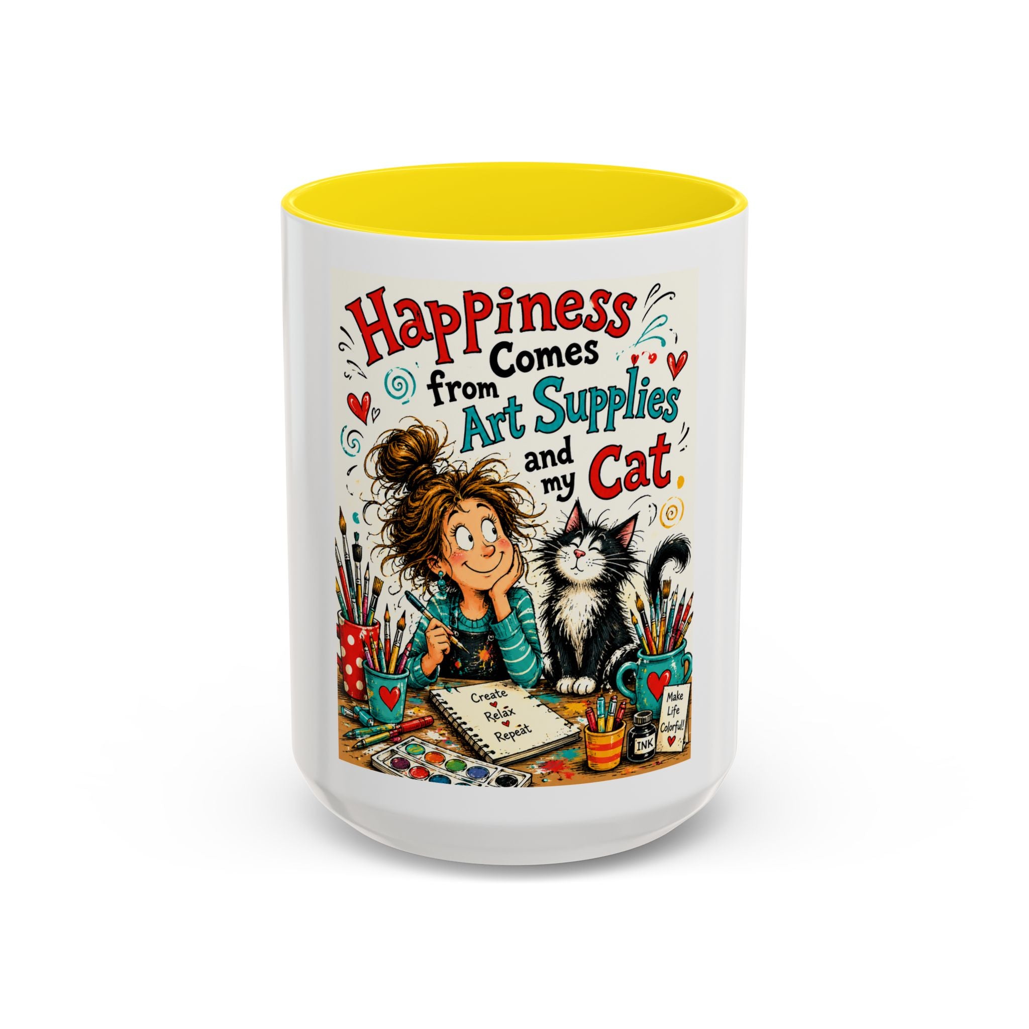 Art Supplies & My Cat Coffee Mug — "Happiness Comes From Art Supplies and My Cat" Accent Mug