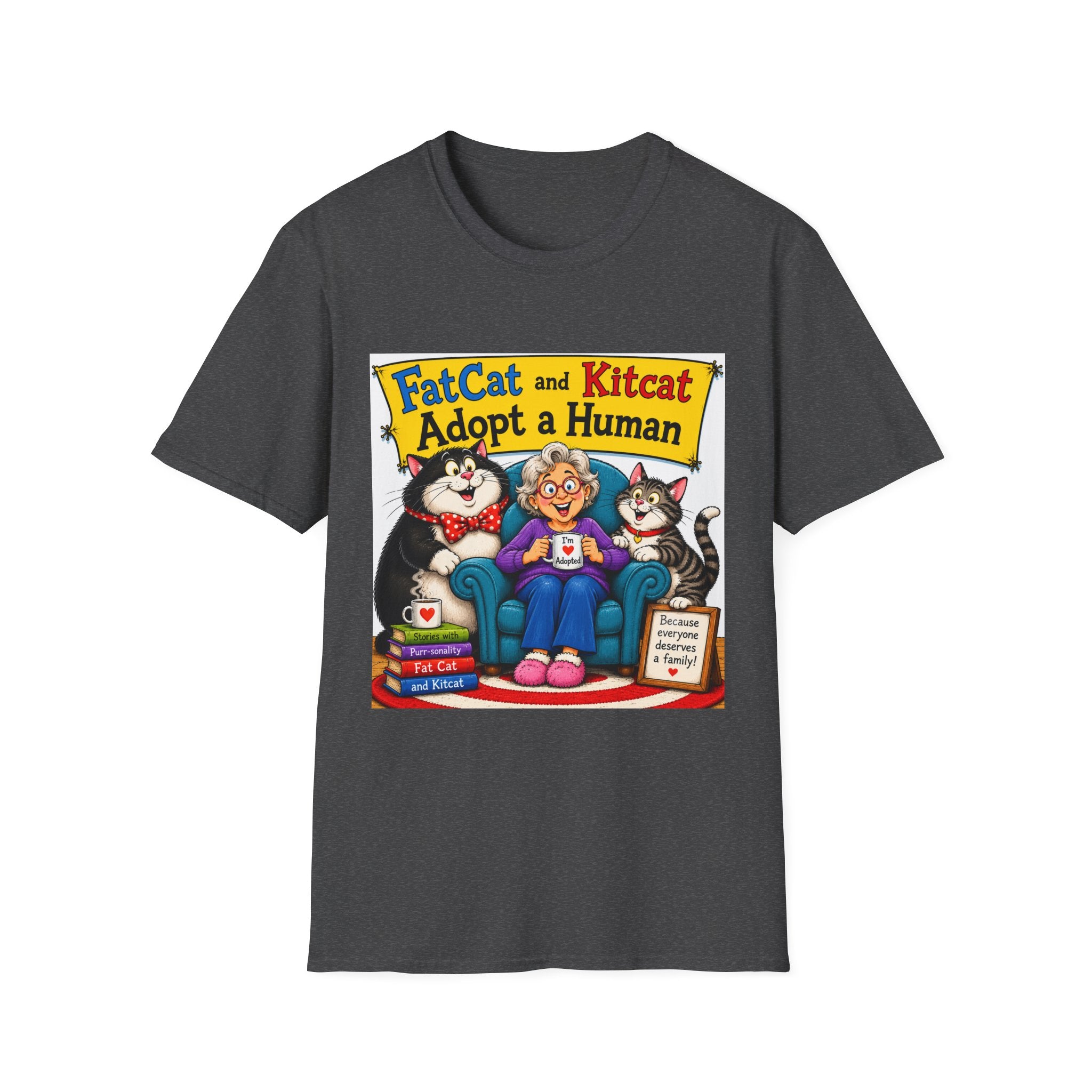 T-Shirt — "FatCat and Kitcat Adopt a Human" Cute Retro Cat Book Design