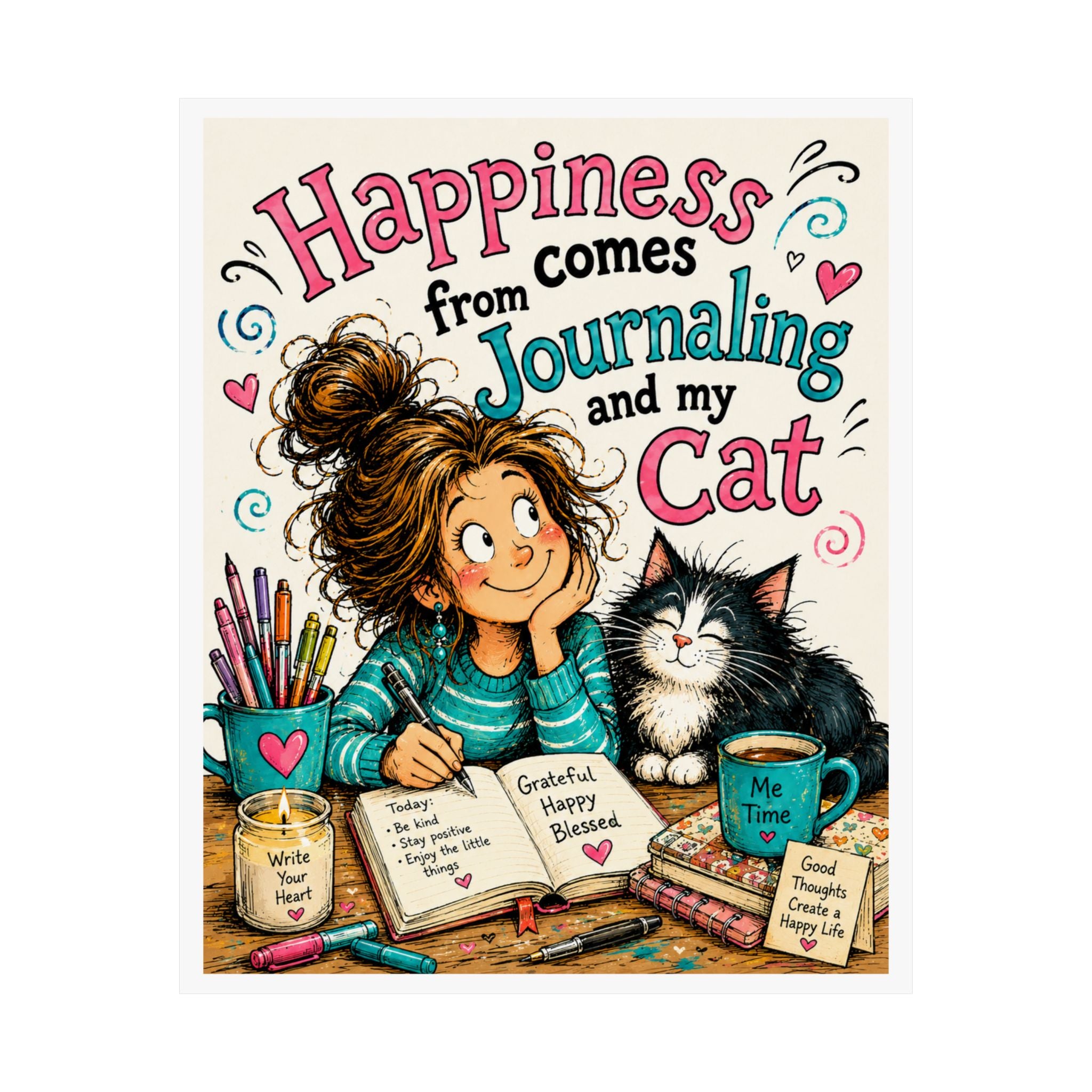 Journaling & My Cat Matte Poster — 'Happiness Comes from Journaling and My Cat'