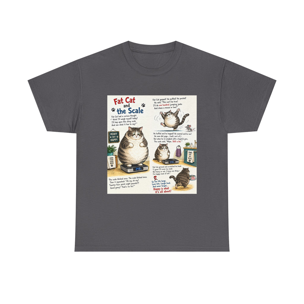 Cat Humor T-Shirt — "Fat Cat on the Scale" Illustrated Graphic Tee