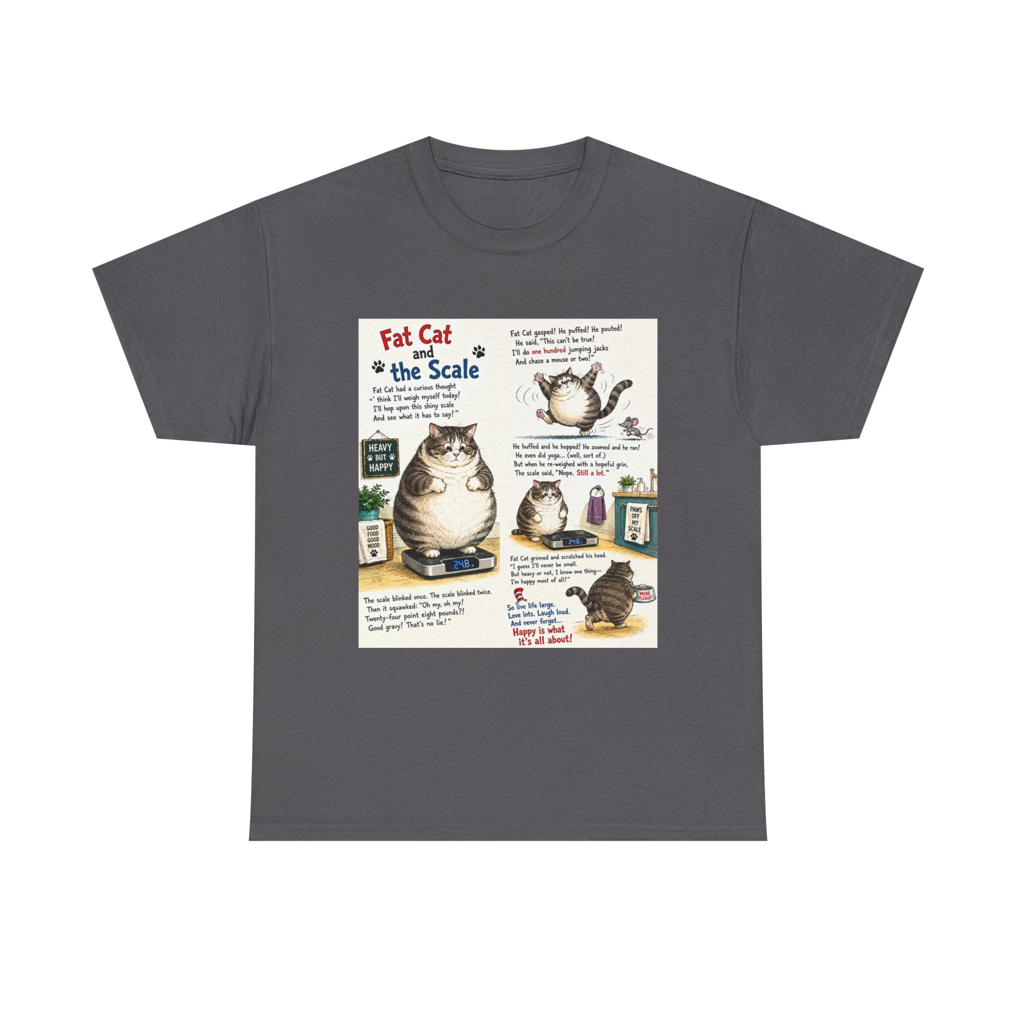 Cat Humor T-Shirt — "Fat Cat on the Scale" Illustrated Graphic Tee