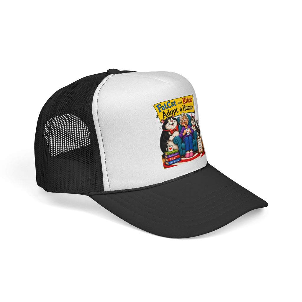 Trucker Hat — "Fat Cat and Kitcat Adopt a Human" Cute Rescue Pet Graphic