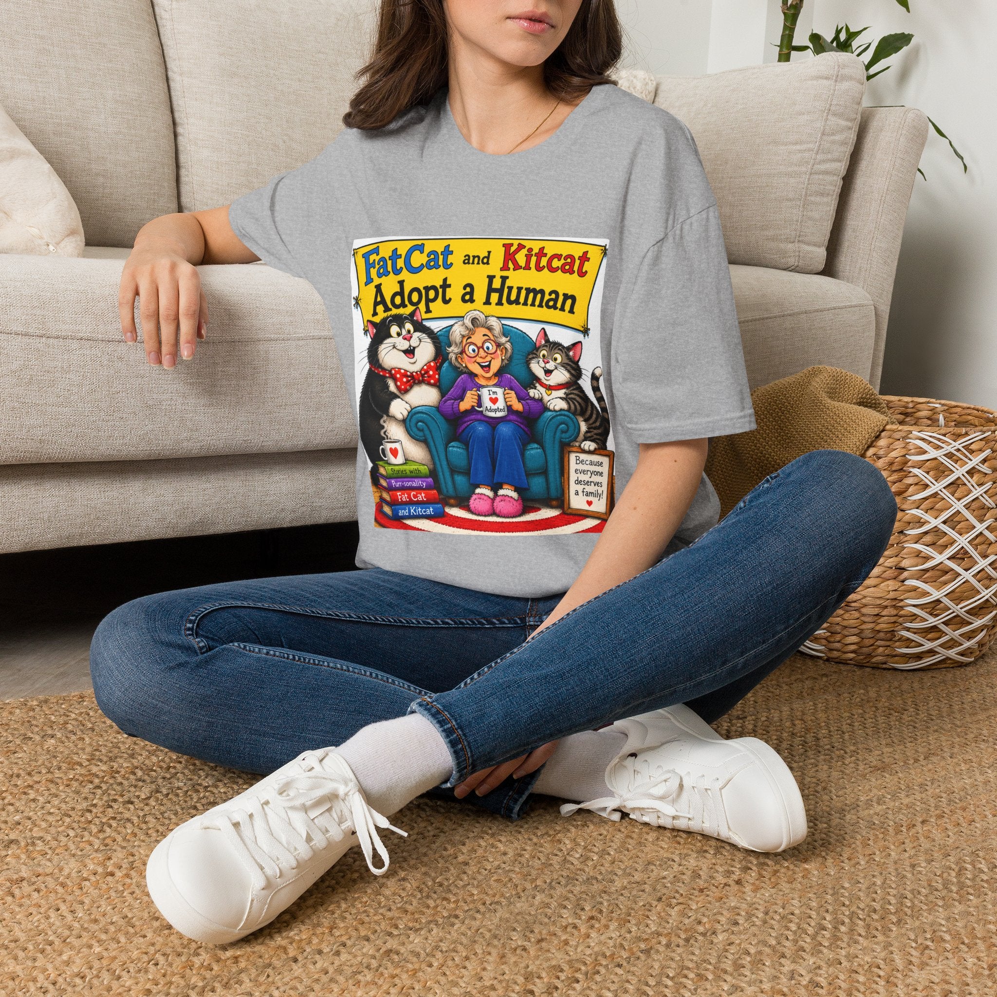 T-Shirt — "FatCat and Kitcat Adopt a Human" Cute Retro Cat Book Design