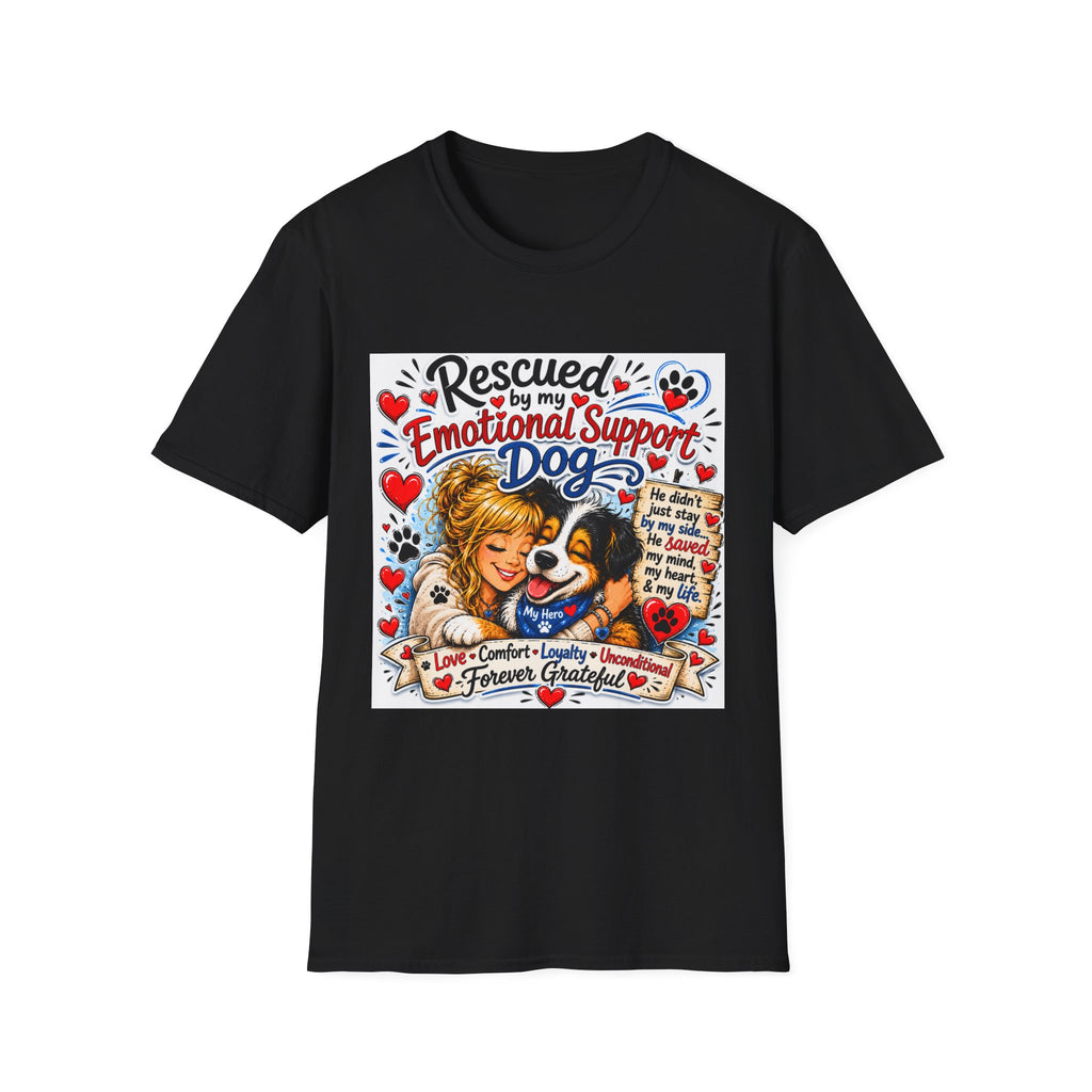 Emotional Support Dog T-Shirt — "Rescued by My Emotional Support Dog" Graphic Tee