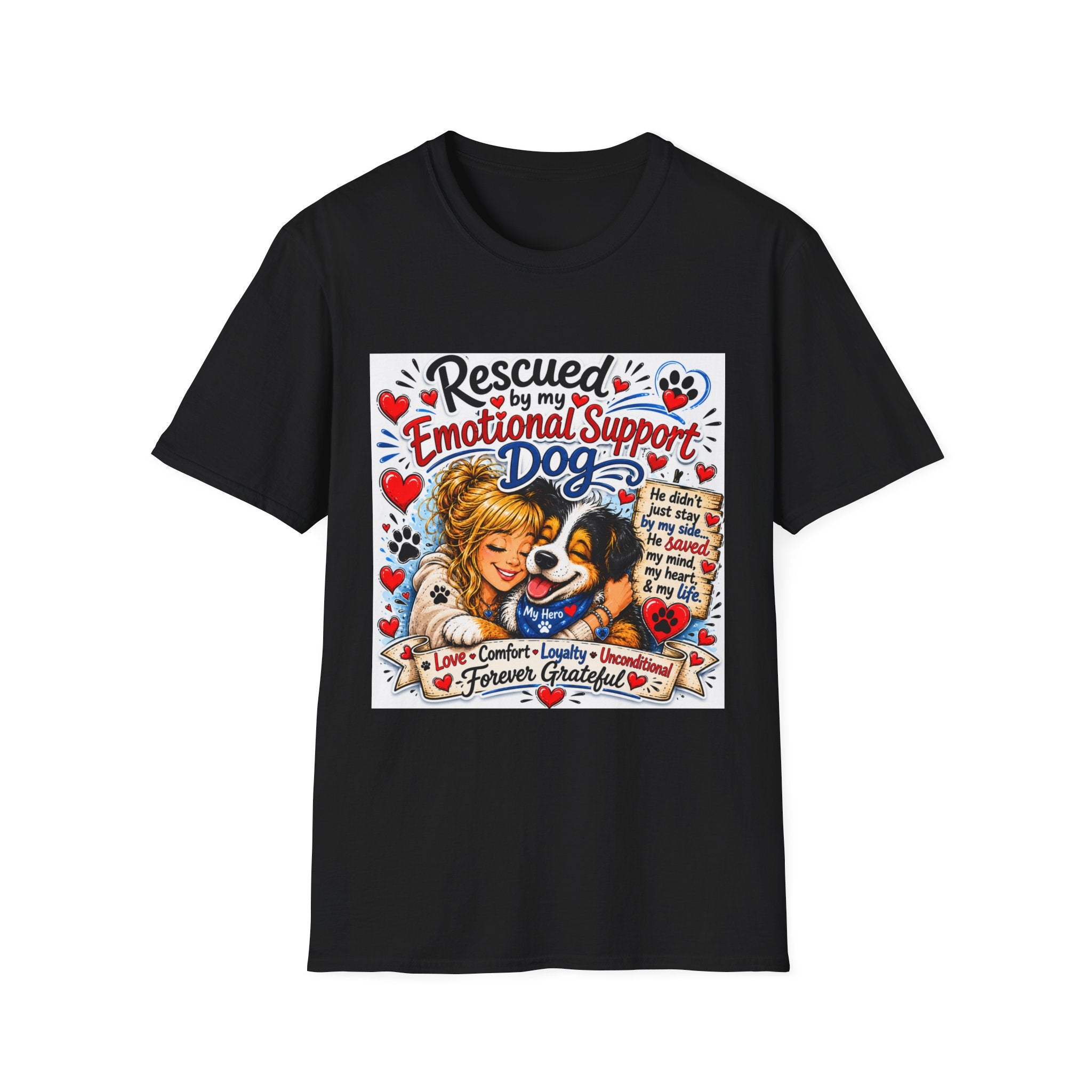 Emotional Support Dog T-Shirt — "Rescued by My Emotional Support Dog" Graphic Tee