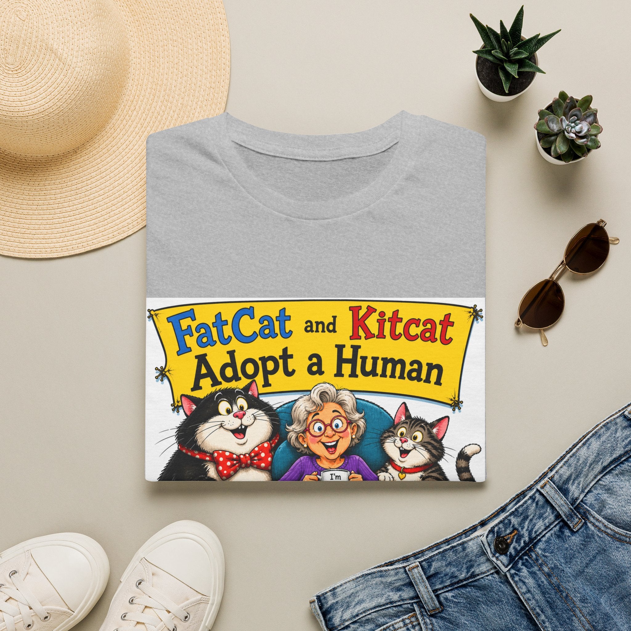 T-Shirt — "FatCat and Kitcat Adopt a Human" Cute Retro Cat Book Design