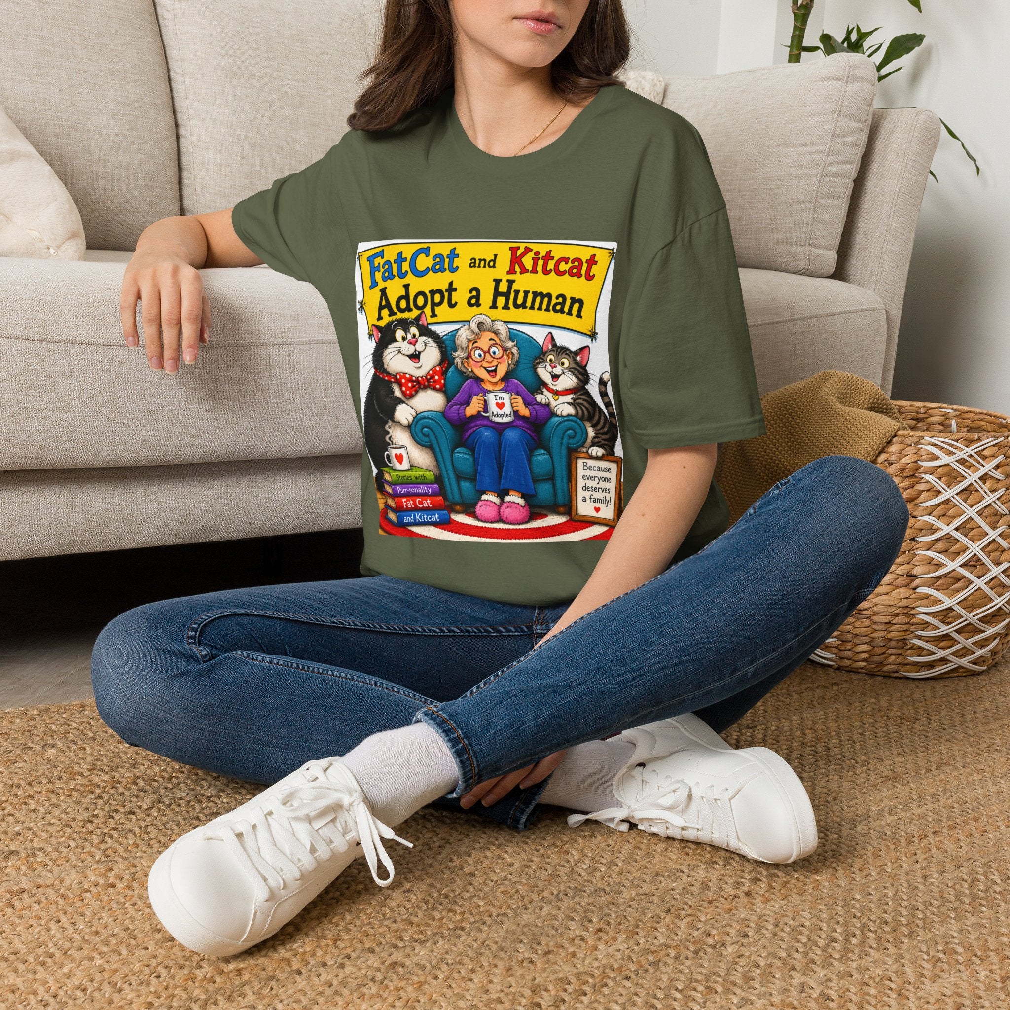 T-Shirt — "FatCat and Kitcat Adopt a Human" Cute Retro Cat Book Design