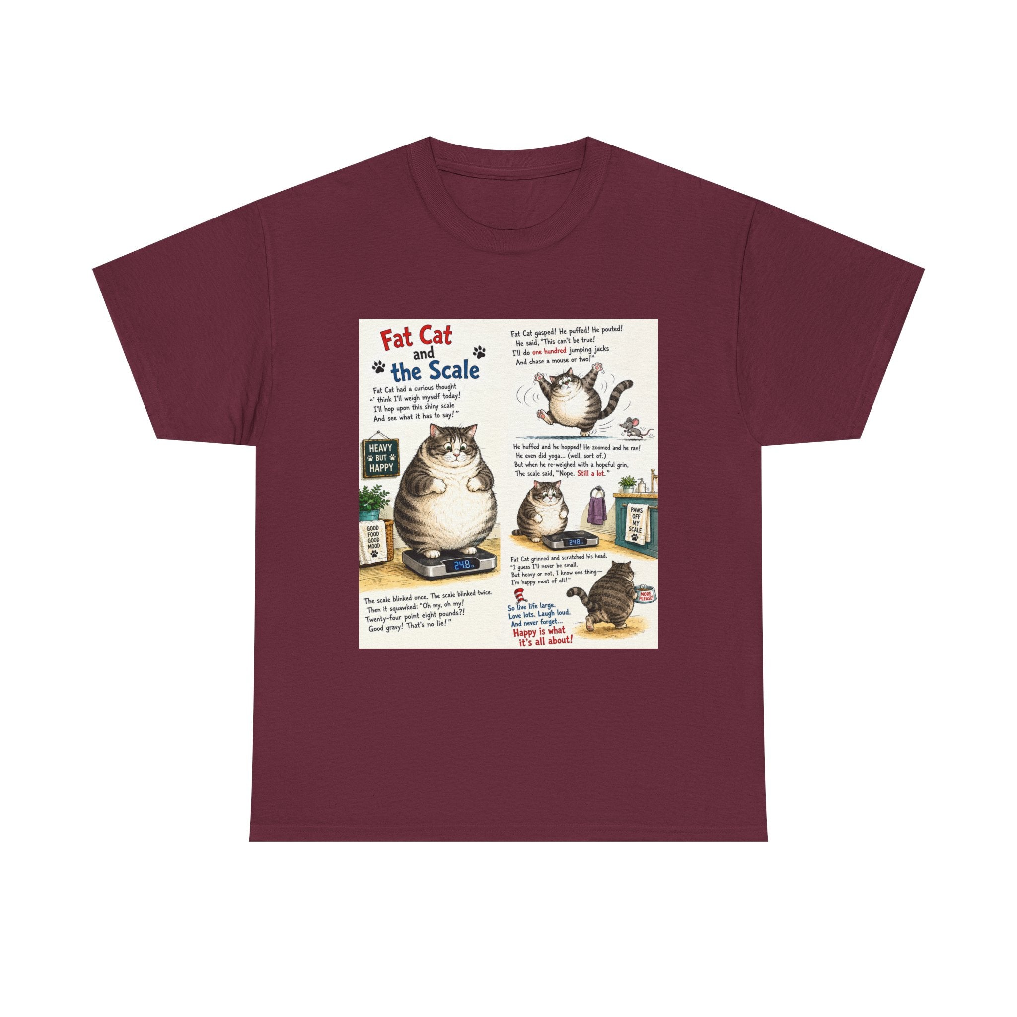 Cat Humor T-Shirt — "Fat Cat on the Scale" Illustrated Graphic Tee