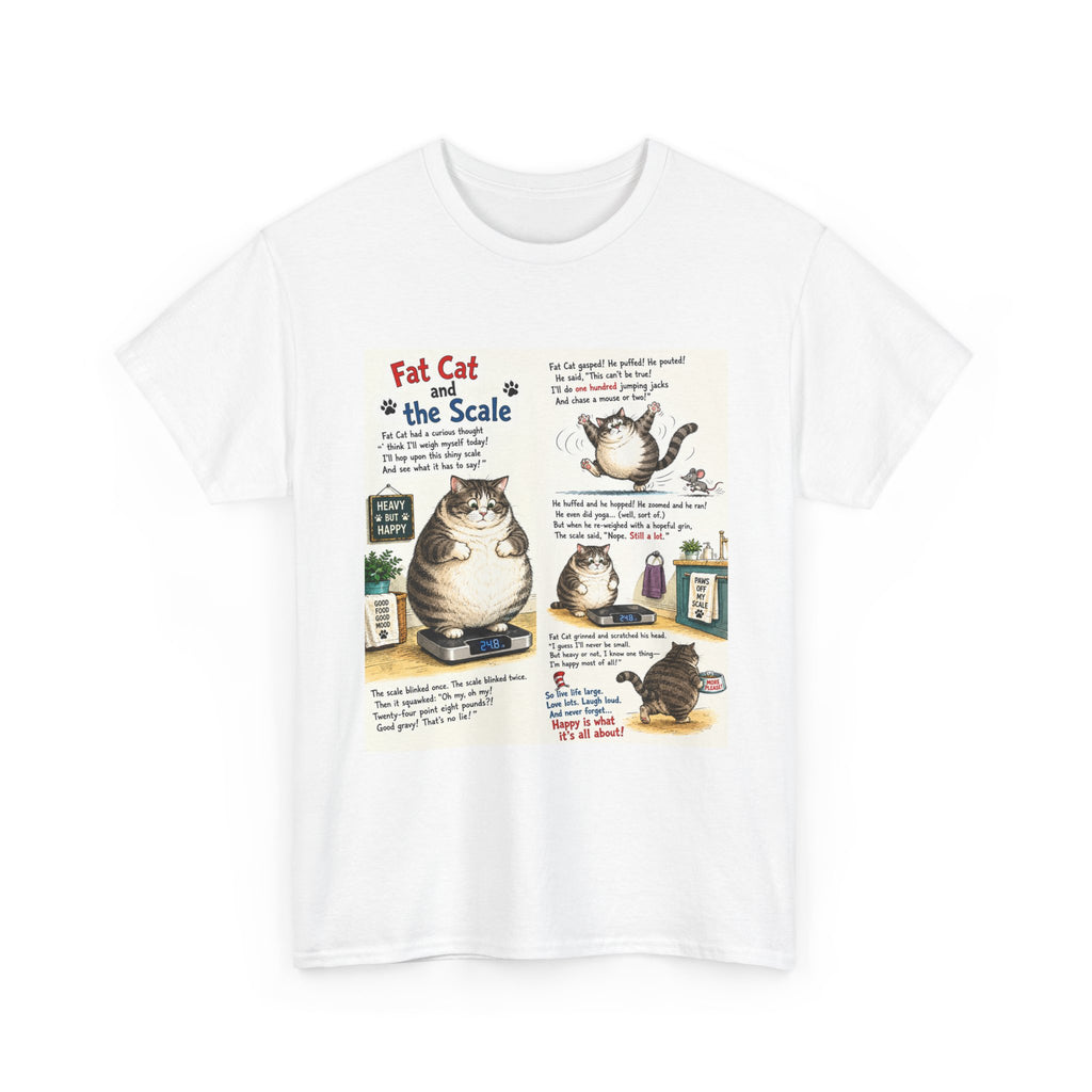 Cat Humor T-Shirt — "Fat Cat on the Scale" Illustrated Graphic Tee