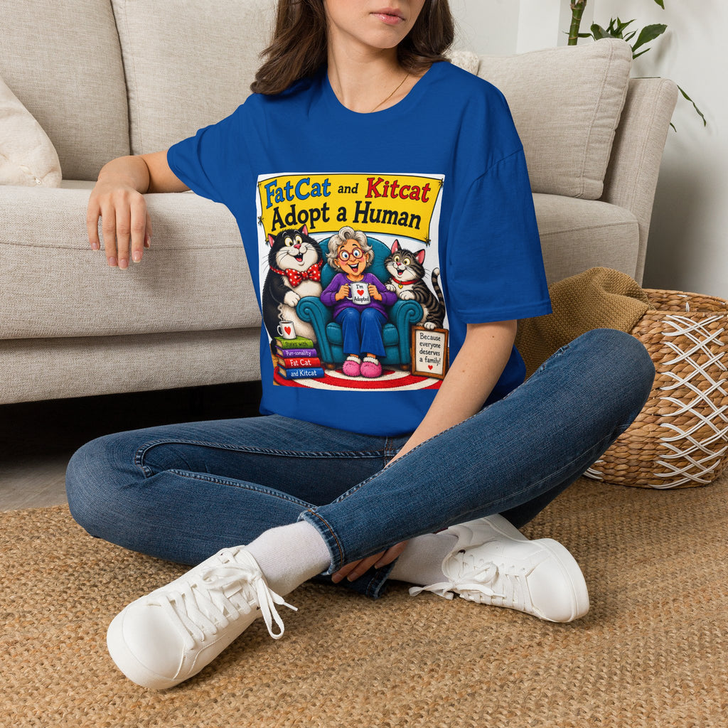 T-Shirt — "FatCat and Kitcat Adopt a Human" Cute Retro Cat Book Design