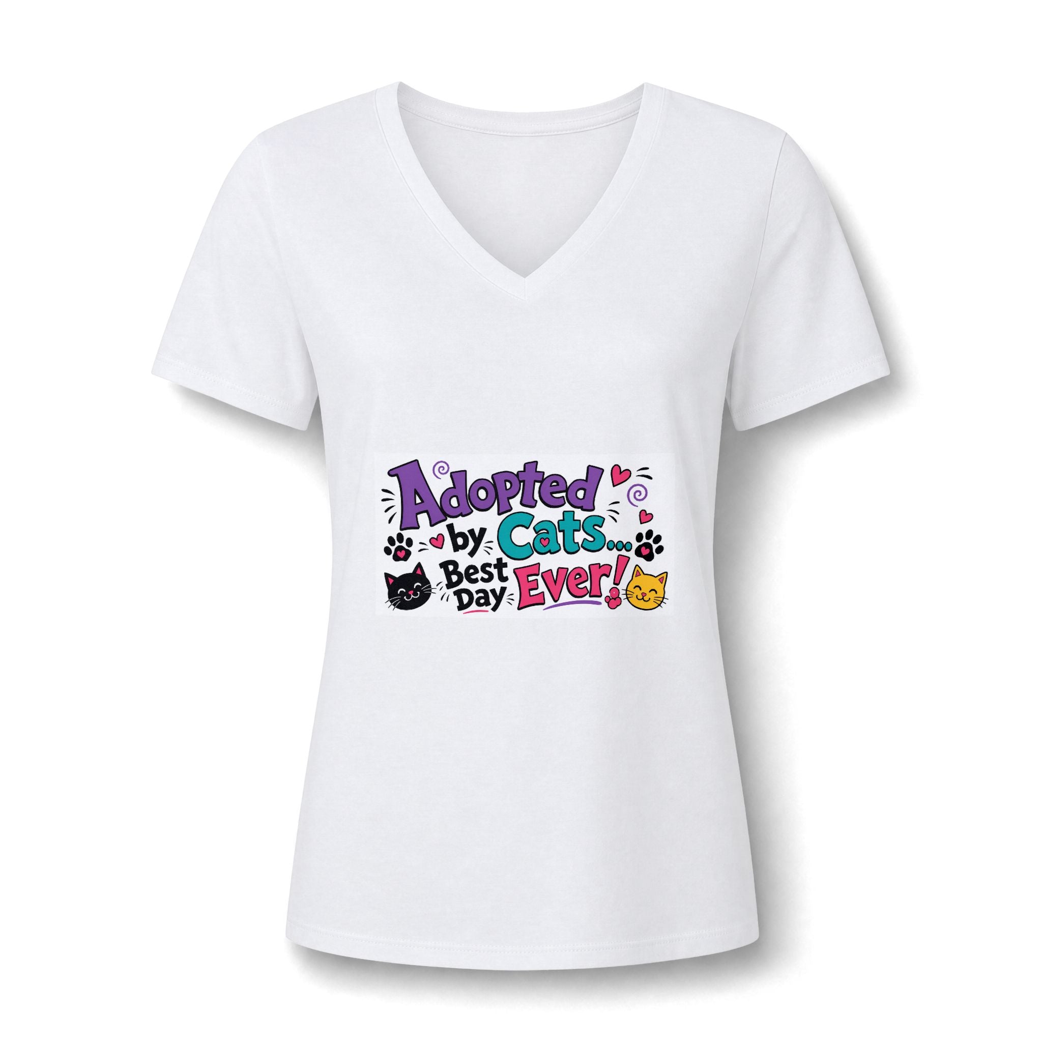 Adopted By Cats V‑Neck Tee — "Best Day Ever" Cat Mom Shirt