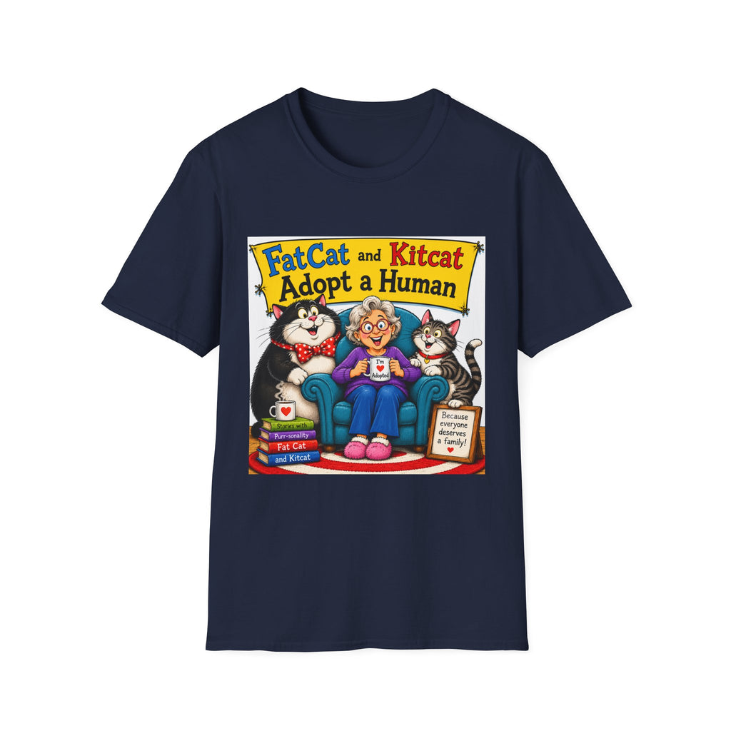 T-Shirt — "FatCat and Kitcat Adopt a Human" Cute Retro Cat Book Design