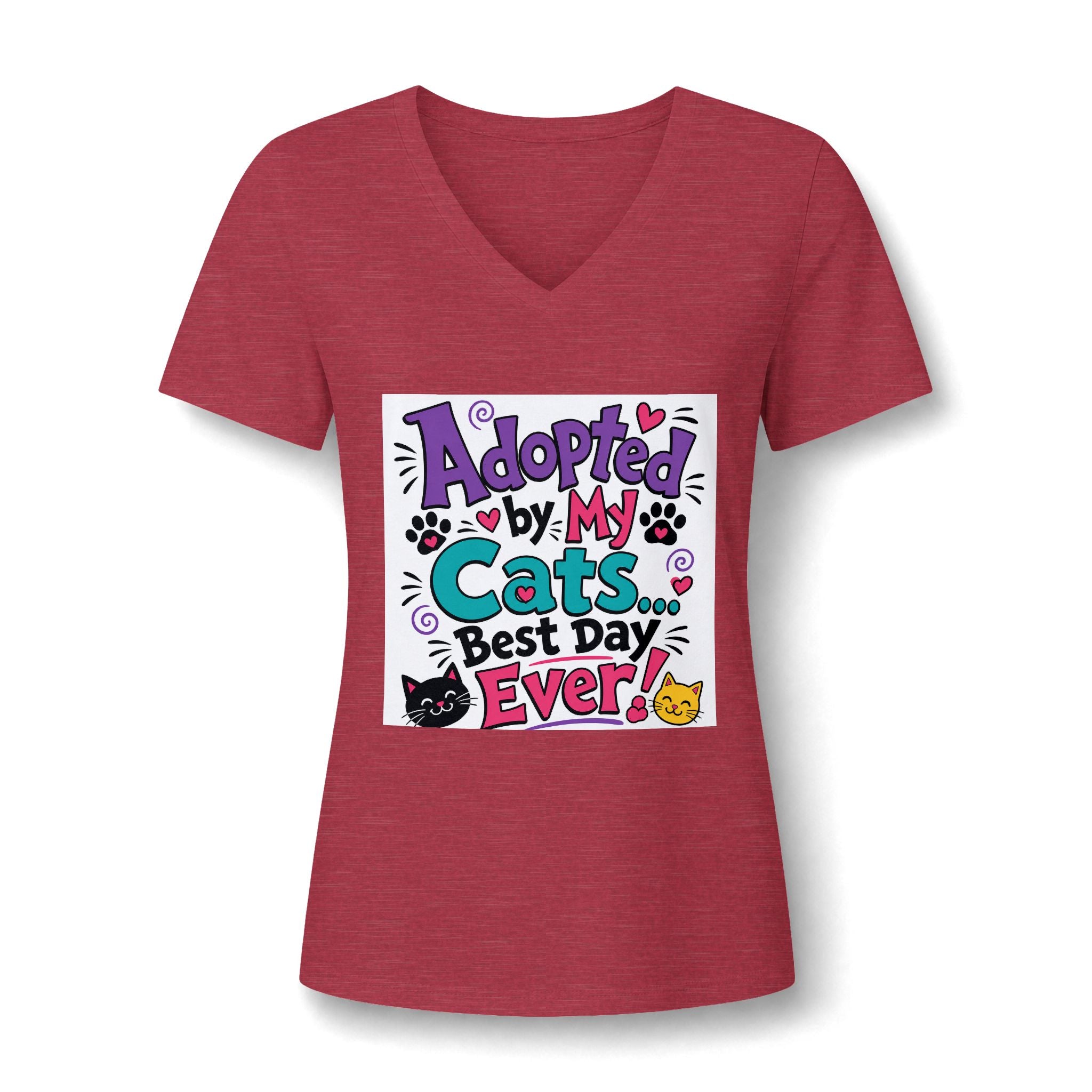Adopted by My Cats V-Neck Tee — "Best Day Ever" Cat Mom Shirt
