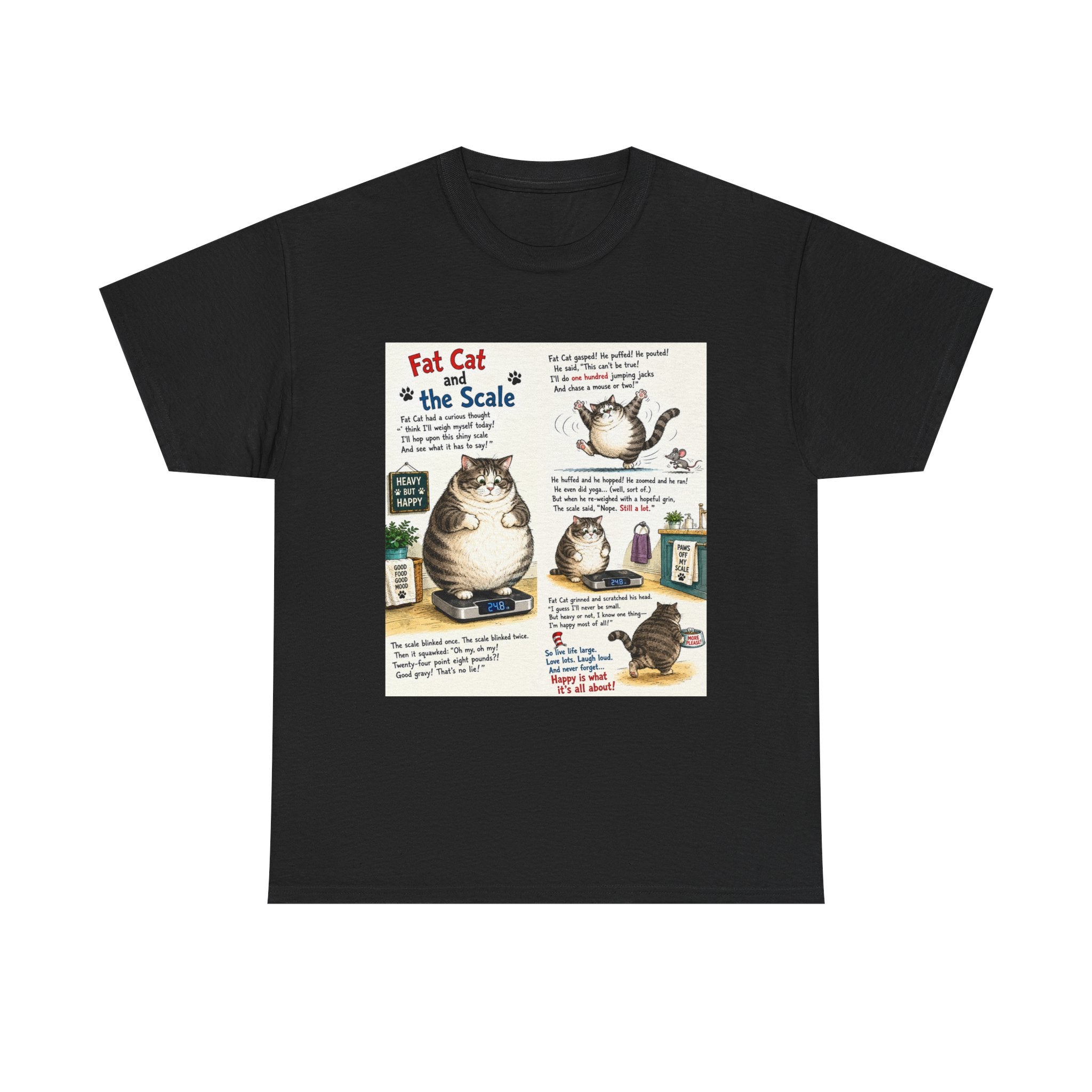 Cat Humor T-Shirt — "Fat Cat on the Scale" Illustrated Graphic Tee