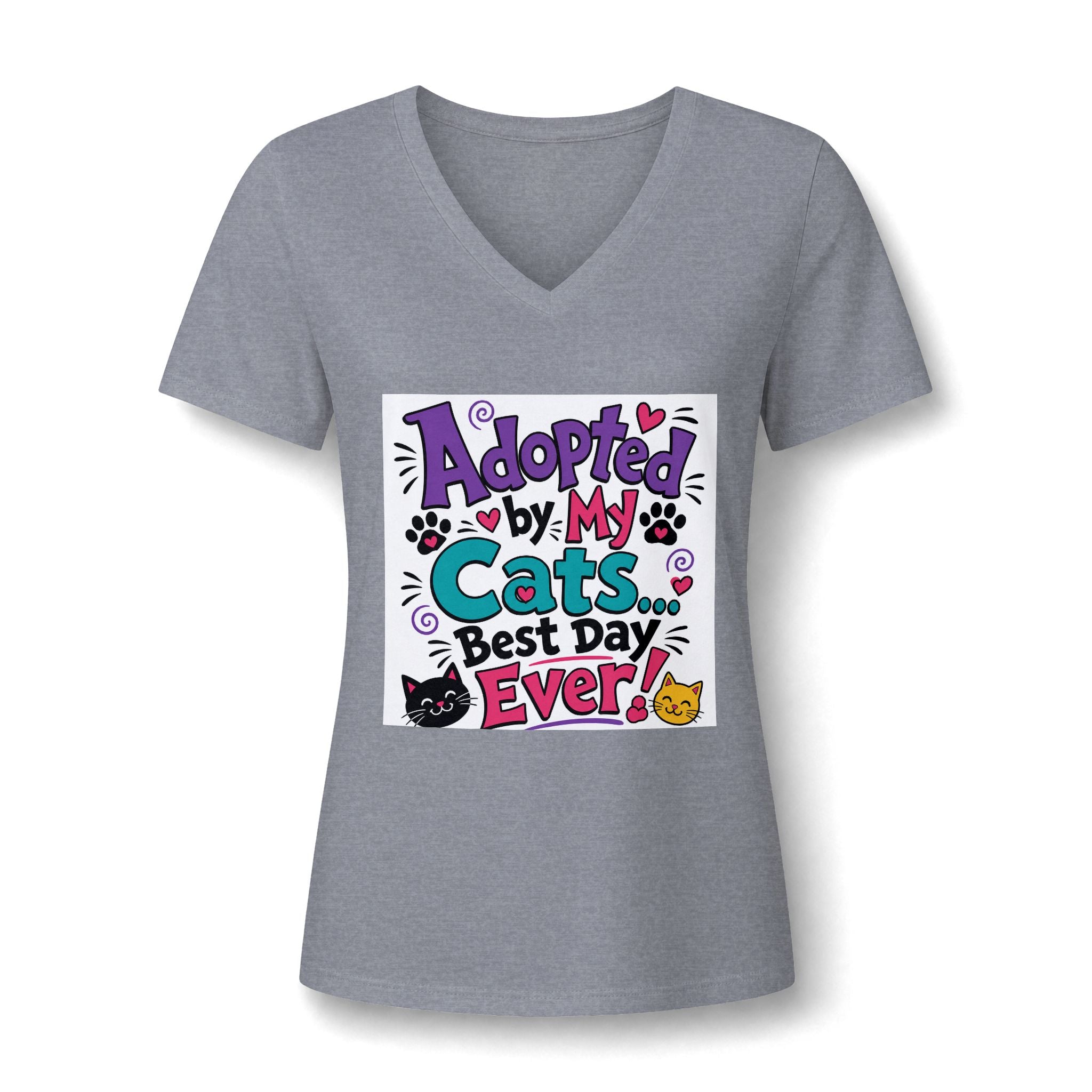 Adopted by My Cats V-Neck Tee — "Best Day Ever" Cat Mom Shirt