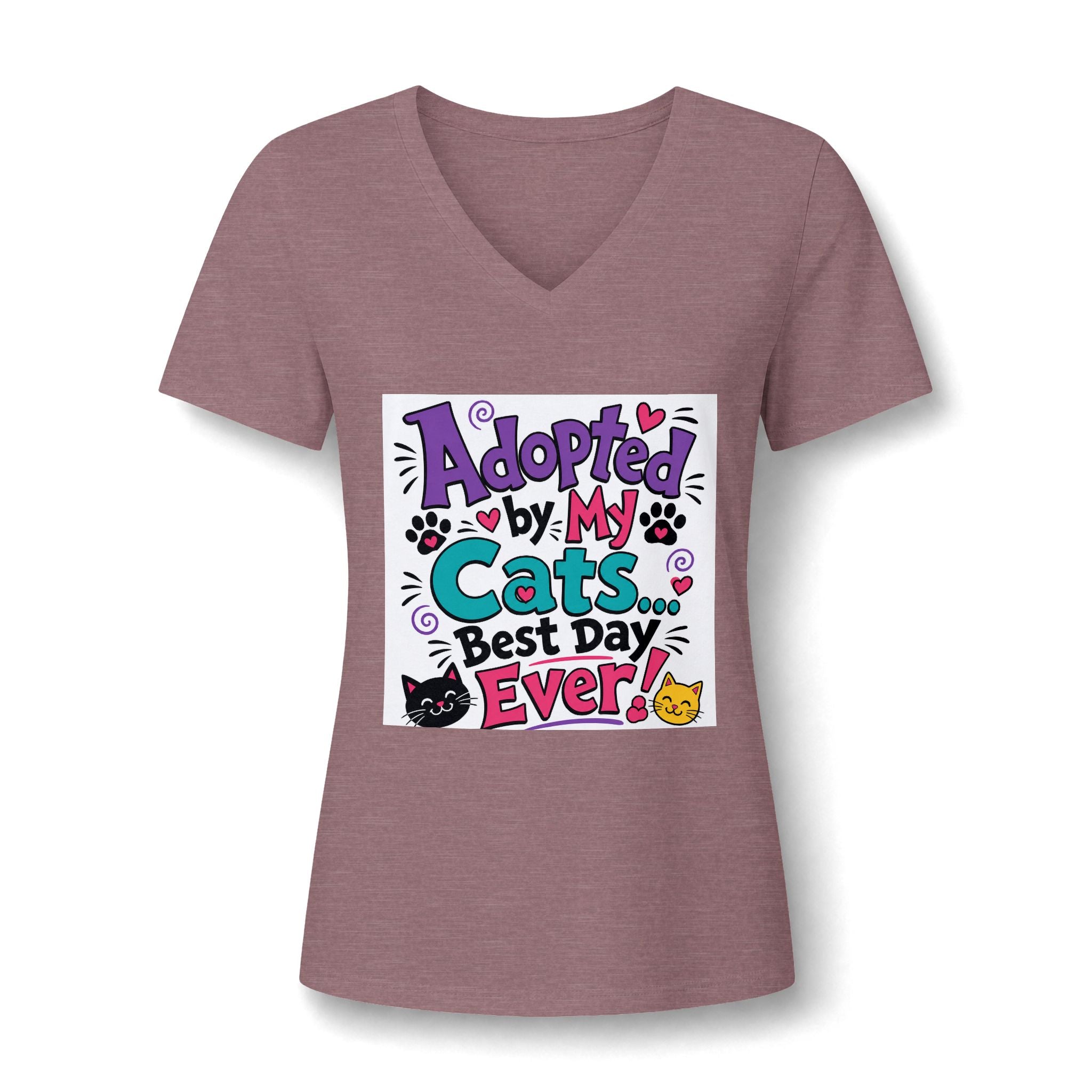 Adopted by My Cats V-Neck Tee — "Best Day Ever" Cat Mom Shirt