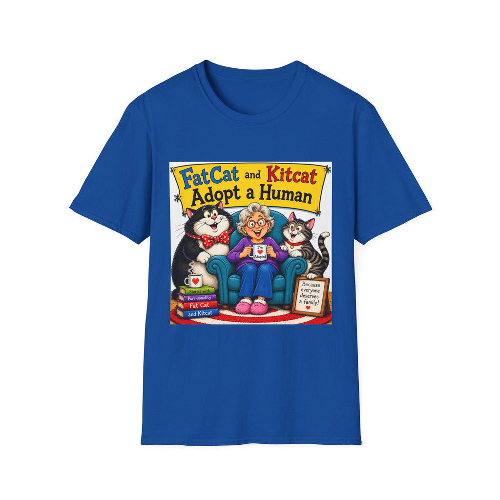 T-Shirt — "FatCat and Kitcat Adopt a Human" Cute Retro Cat Book Design
