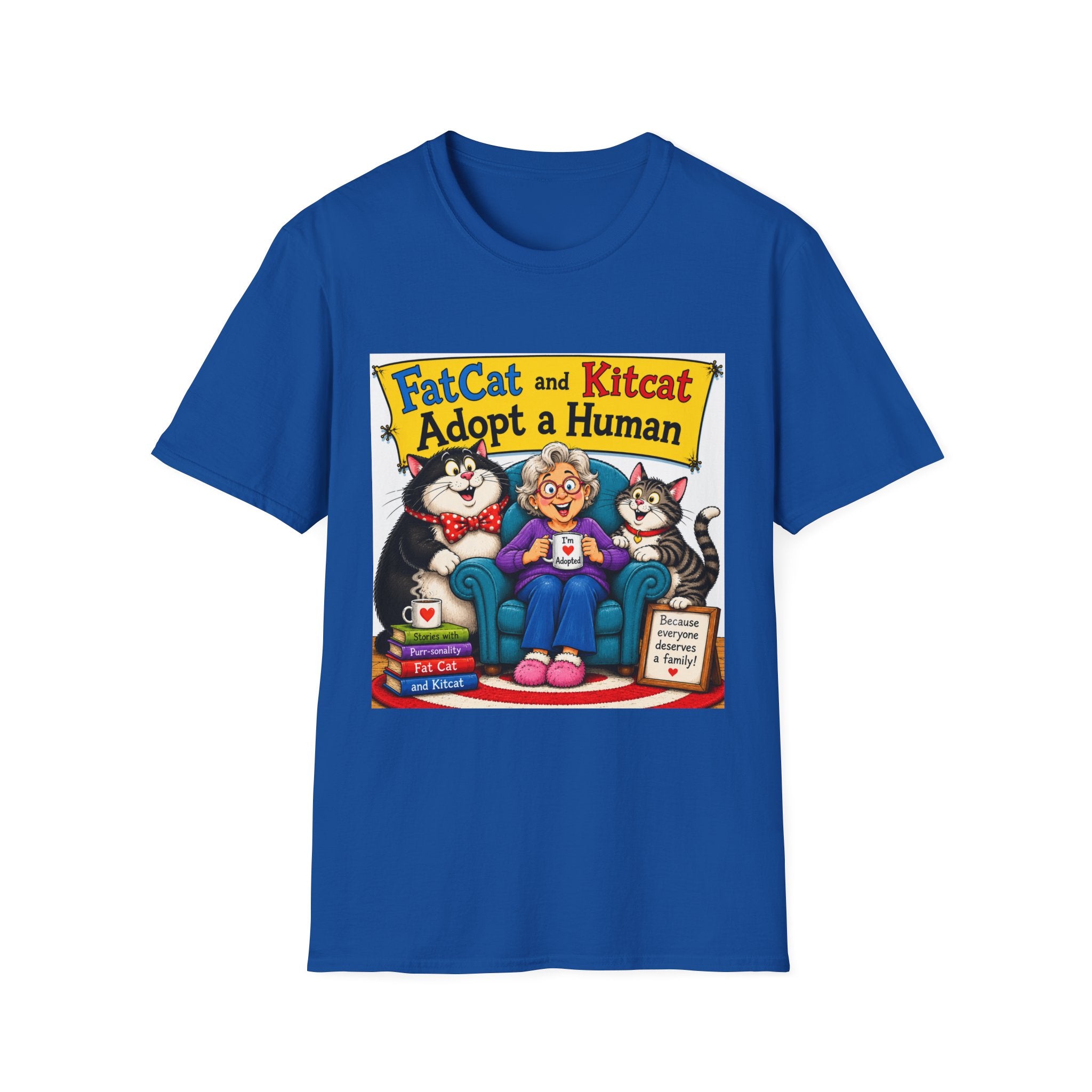 T-Shirt — "FatCat and Kitcat Adopt a Human" Cute Retro Cat Book Design